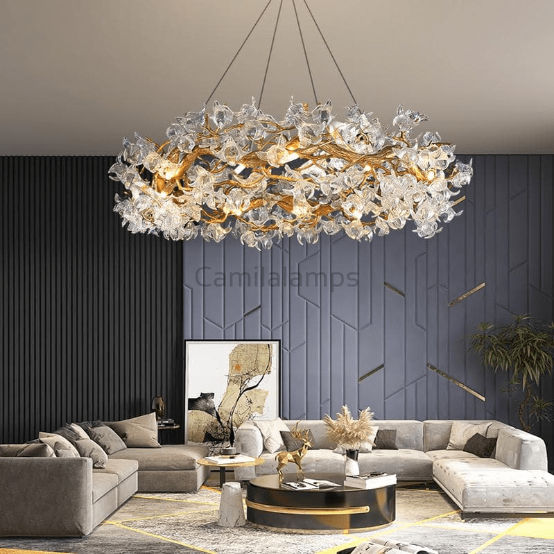 Modern Petal Crystal Round Brass Branch Chandelier - Camilalamps - Ca-10098