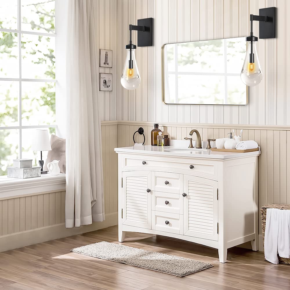 Modern Raindrop Wall Sconces Lighting Rod Type Set of 2, Matte Black Indoor Vanity Light Fixtures for Bathroom,Wall Lamp with Clear Solid Glass Raindrop for Bedroom(Including Bulb) - Camilalamps - B0B1WPGDQJ