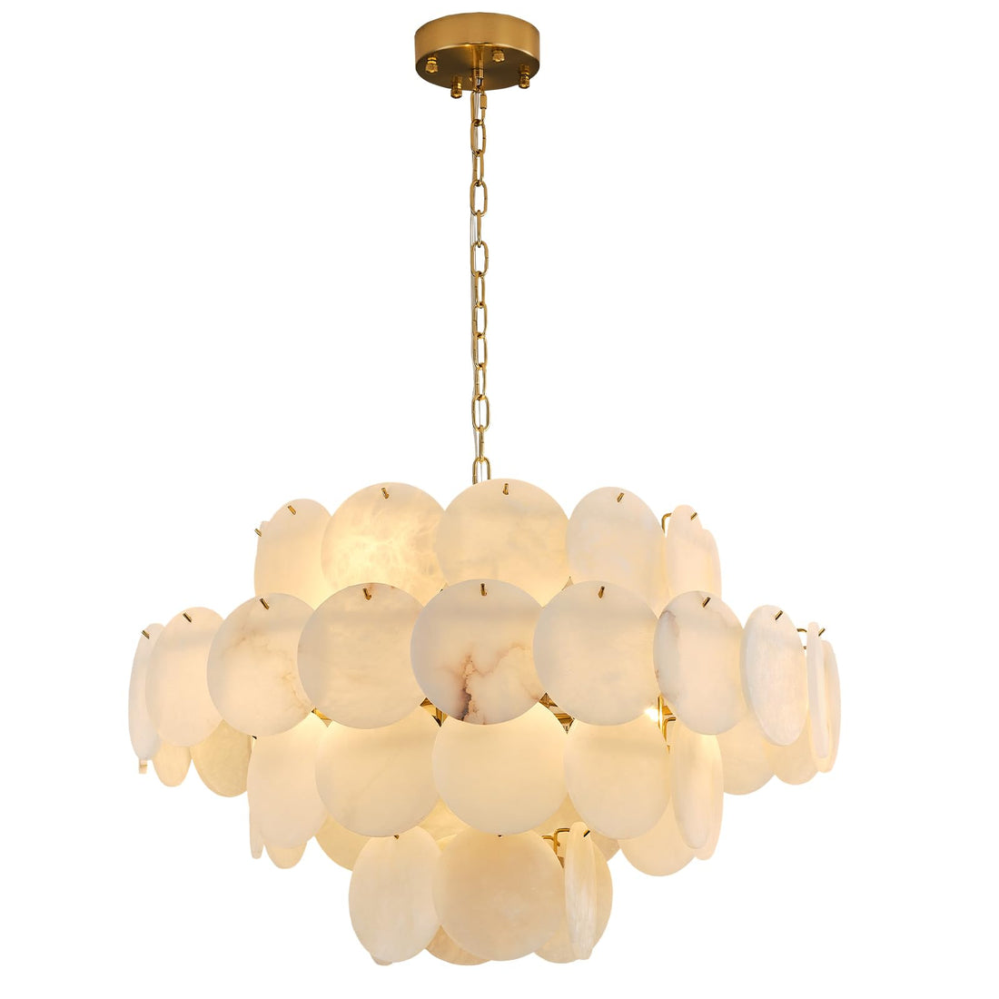 Natural Alabaster Round Chandelier, 31.5" Modern Marble Chandelier with 50 Stone Texture Panels, 12 - Light Dimmable Spanish Alabaster Chandeliers for Living Room, Dining Room, Hallway - Camilalamps - B0FKGYW7GB