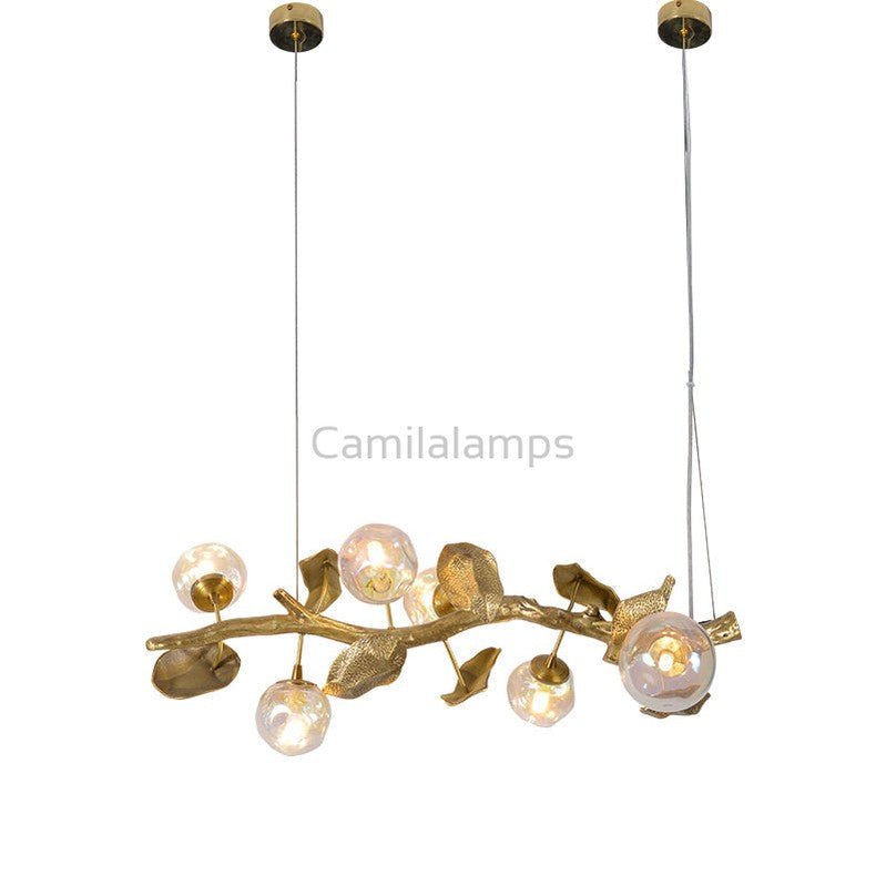 Organic Glass Bubble Brass Branch Chandelier with Leaves - Camilalamps - SID - 1005