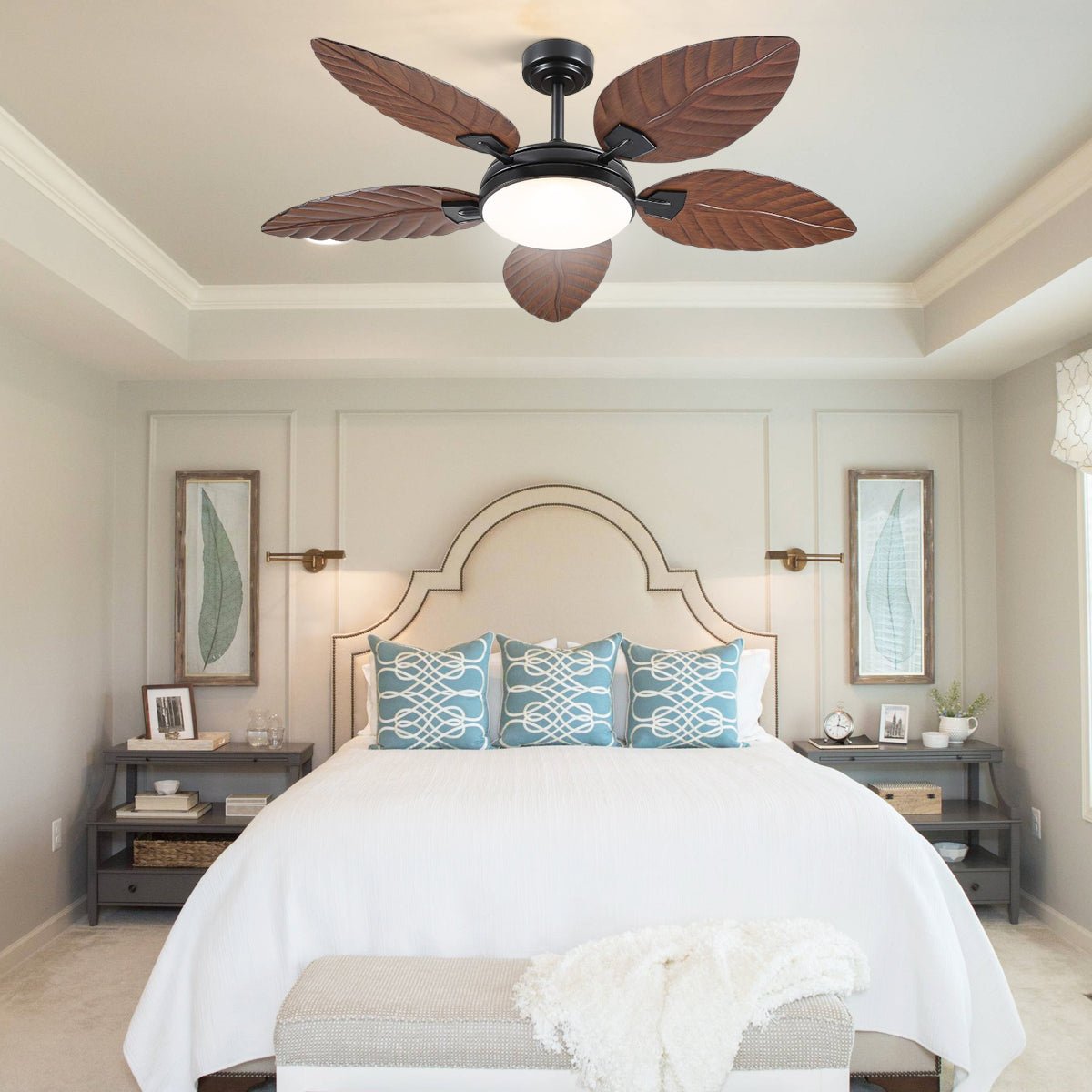 Palm Leaf Ceiling Fans with Lights Tropical Ceiling Fans 6 Speeds Reversible Wood Grain 52" - Camilalamps - CA - CFWL - 007