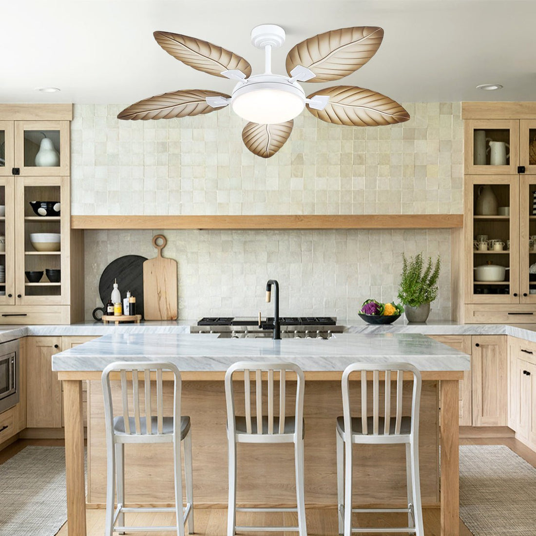 Palm Leaf Ceiling Fans with Lights Tropical Ceiling Fans 6 Speeds Reversible Wood Grain 52" - Camilalamps - CA - CFWL - 009