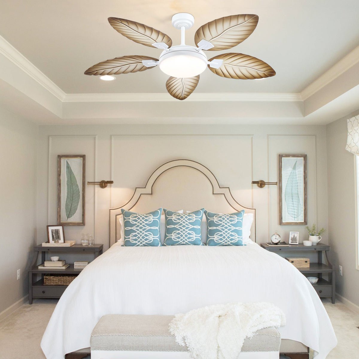 Palm Leaf Ceiling Fans with Lights Tropical Ceiling Fans 6 Speeds Reversible Wood Grain 52" - Camilalamps - CA - CFWL - 007