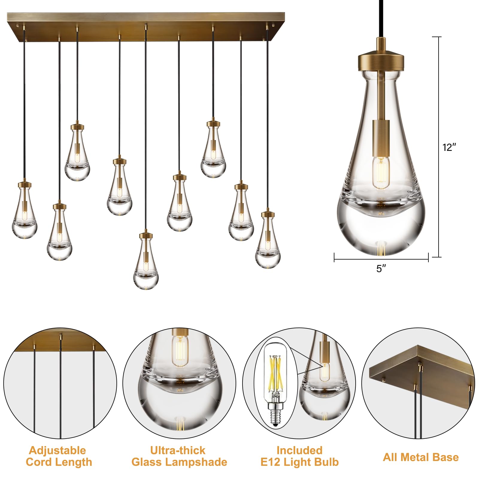 Raindrop Pendant Lights Set of 2,Kitchen Island Hanging Light Fixtures, Modern Art Raindrop Clear Solid Glass Chandelier for Dining Room for Porch, Corridor, Living Room - Camilalamps - B0CSPP5CY4