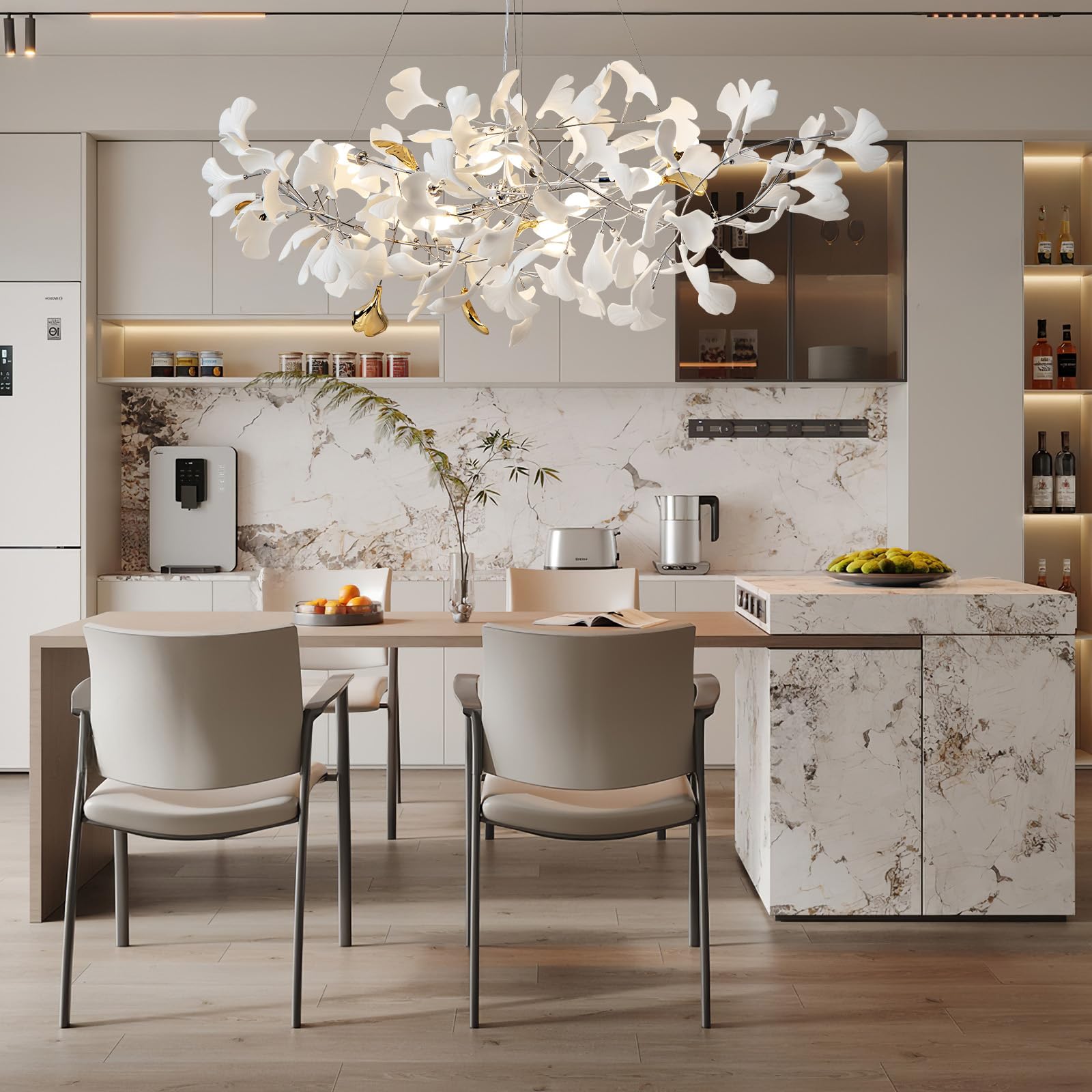 Tree Branch Chandelier Silver Ceramic Ginkgo Leaf Chandeliers 31.5 Inch Brass Chandelier Large Luxury Hanging Lights Fixture for Living Room Dining Room Kitchen Island, 6 - Light - Camilalamps - B0DL9V925K