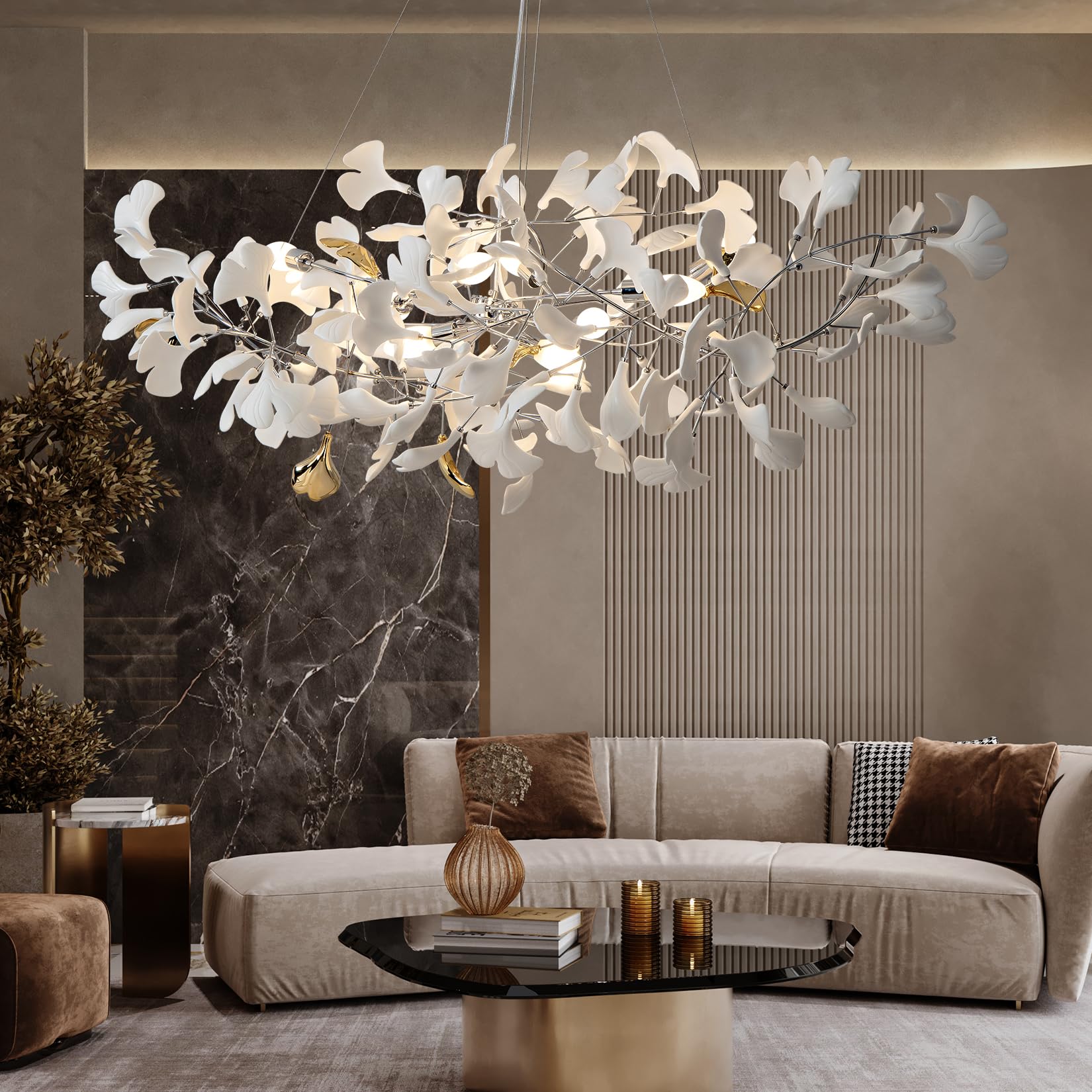Tree Branch Chandelier Silver Ceramic Ginkgo Leaf Chandeliers 31.5 Inch Brass Chandelier Large Luxury Hanging Lights Fixture for Living Room Dining Room Kitchen Island, 6 - Light - Camilalamps - B0DL9V925K