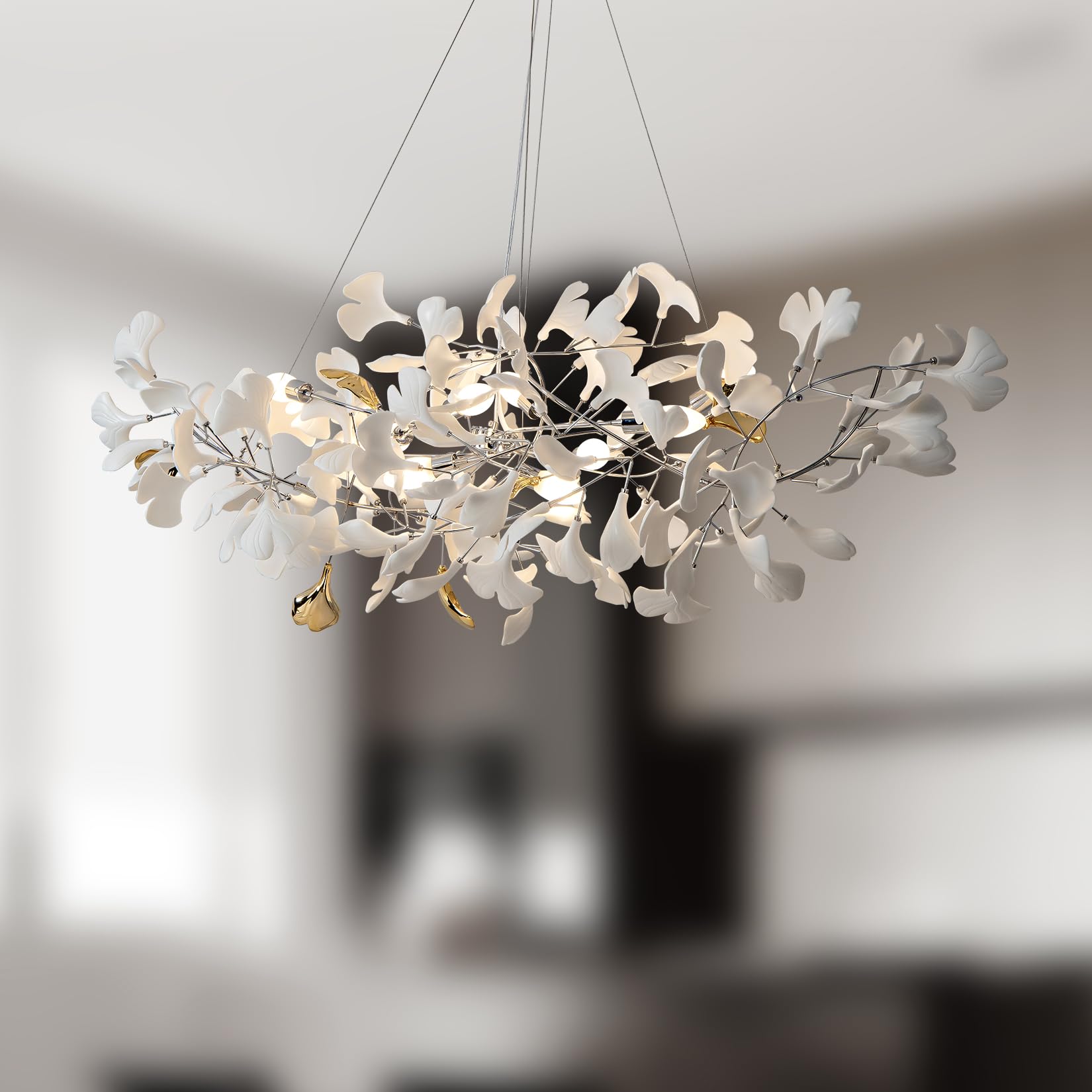 Tree Branch Chandelier Silver Ceramic Ginkgo Leaf Chandeliers 31.5 Inch Brass Chandelier Large Luxury Hanging Lights Fixture for Living Room Dining Room Kitchen Island, 6 - Light - Camilalamps - B0DLB3MJ51
