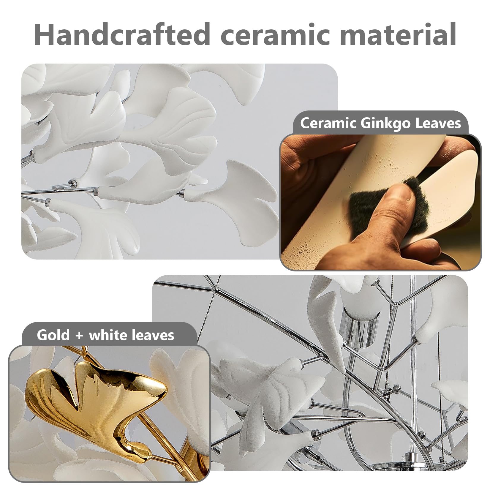 Tree Branch Chandelier Silver Ceramic Ginkgo Leaf Chandeliers 31.5 Inch Brass Chandelier Large Luxury Hanging Lights Fixture for Living Room Dining Room Kitchen Island, 6 - Light - Camilalamps - B0DL9V925K