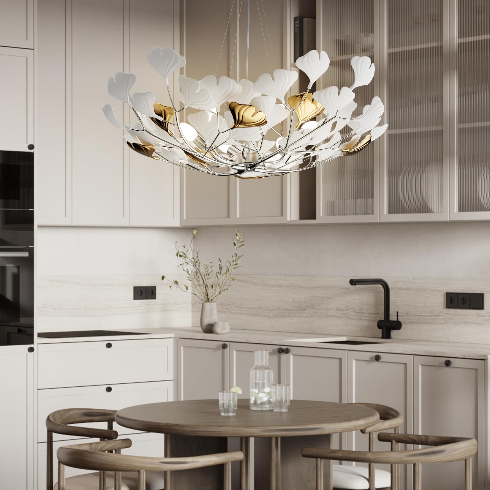 Tree Branch Chandelier Silver Ceramic Ginkgo Leaf Chandeliers 31.5 Inch Brass Chandelier Large Luxury Hanging Lights Fixture for Living Room Dining Room Kitchen Island, 6 - Light - Camilalamps - B0DL9V925K
