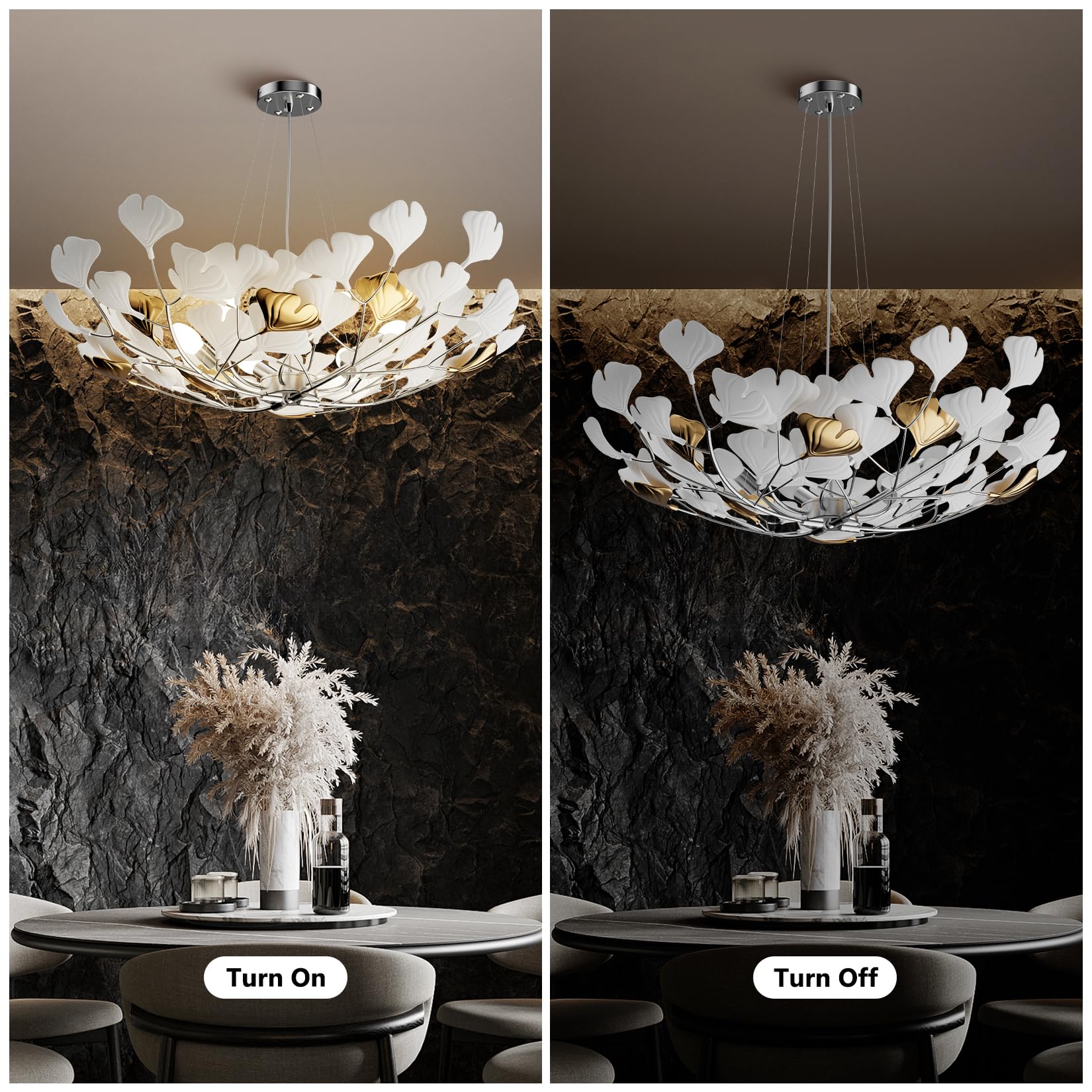 Tree Branch Chandelier Silver Ceramic Ginkgo Leaf Chandeliers 31.5 Inch Brass Chandelier Large Luxury Hanging Lights Fixture for Living Room Dining Room Kitchen Island, 6 - Light - Camilalamps - B0DL9V925K