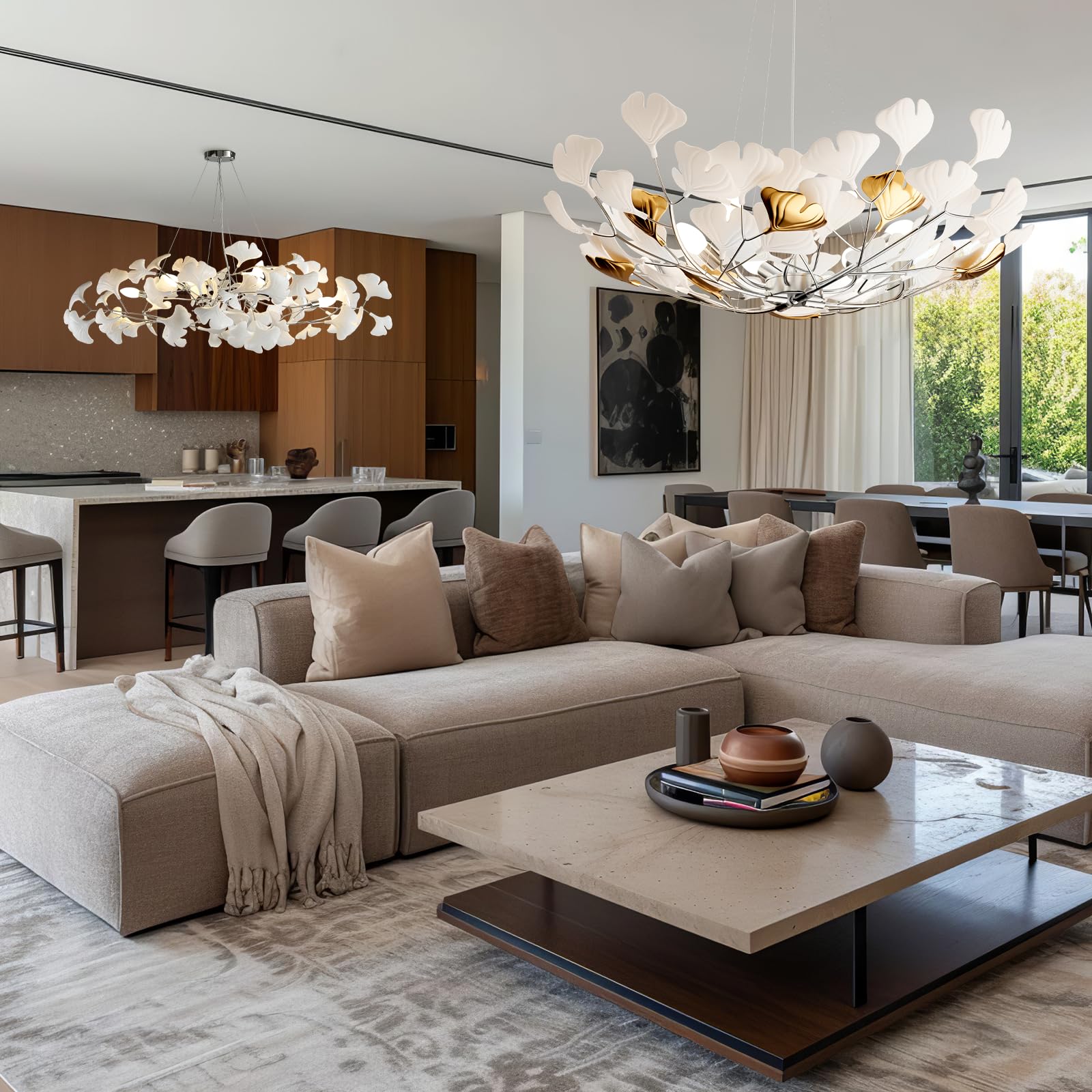 Tree Branch Chandelier Silver Ceramic Ginkgo Leaf Chandeliers 31.5 Inch Brass Chandelier Large Luxury Hanging Lights Fixture for Living Room Dining Room Kitchen Island, 6 - Light - Camilalamps - B0DL9V925K