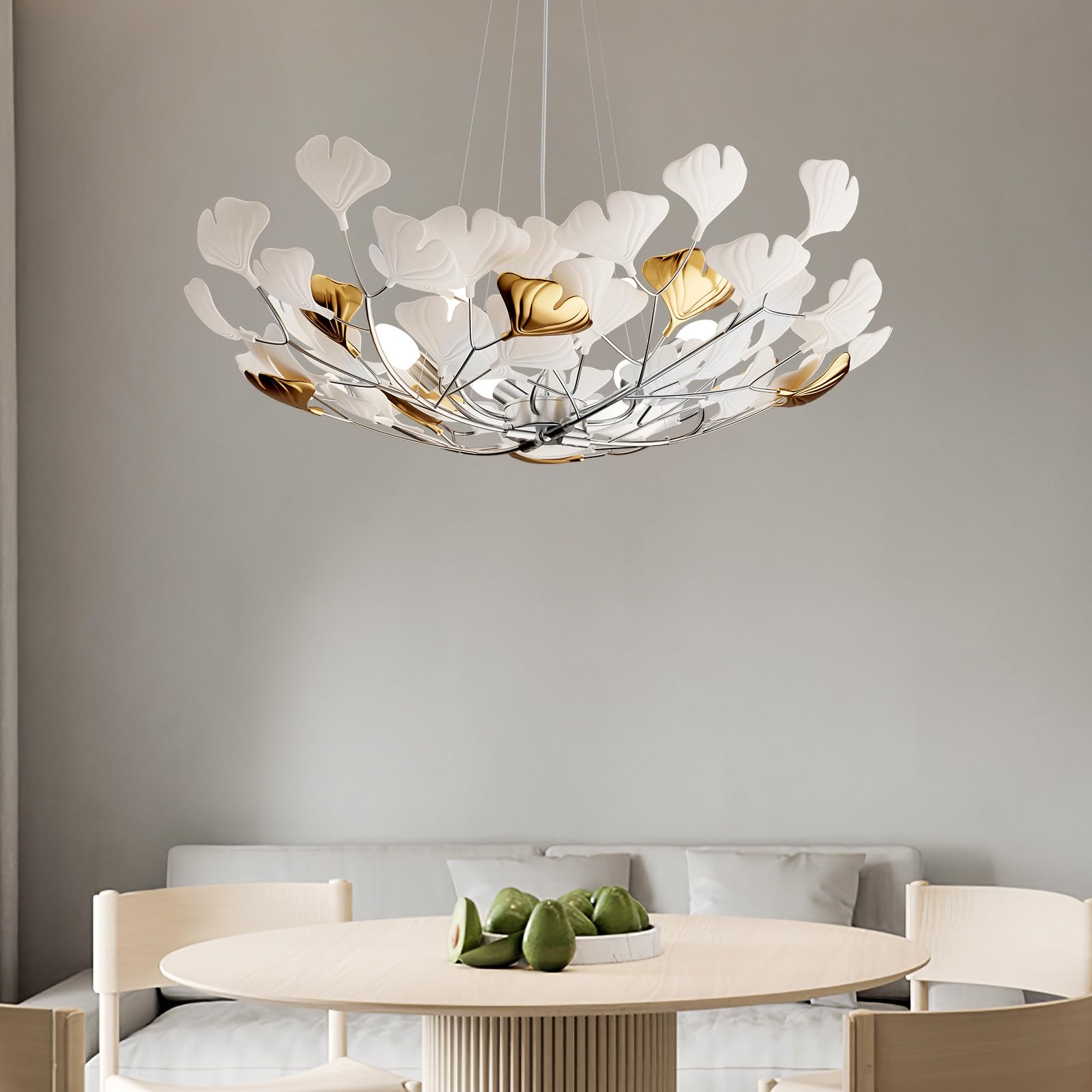 Tree Branch Chandelier Silver Ceramic Ginkgo Leaf Chandeliers 31.5 Inch Brass Chandelier Large Luxury Hanging Lights Fixture for Living Room Dining Room Kitchen Island, 6 - Light - Camilalamps - B0DKTGS279