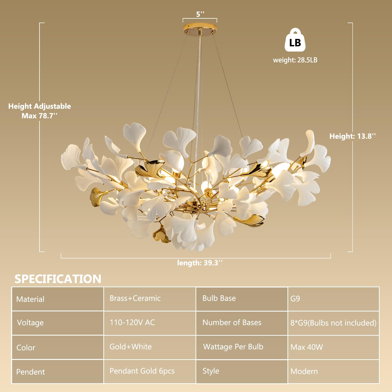 Tree Branch Chandelier Silver Ceramic Ginkgo Leaf Chandeliers 31.5 Inch Brass Chandelier Large Luxury Hanging Lights Fixture for Living Room Dining Room Kitchen Island, 6 - Light - Camilalamps - B0DL9V925K