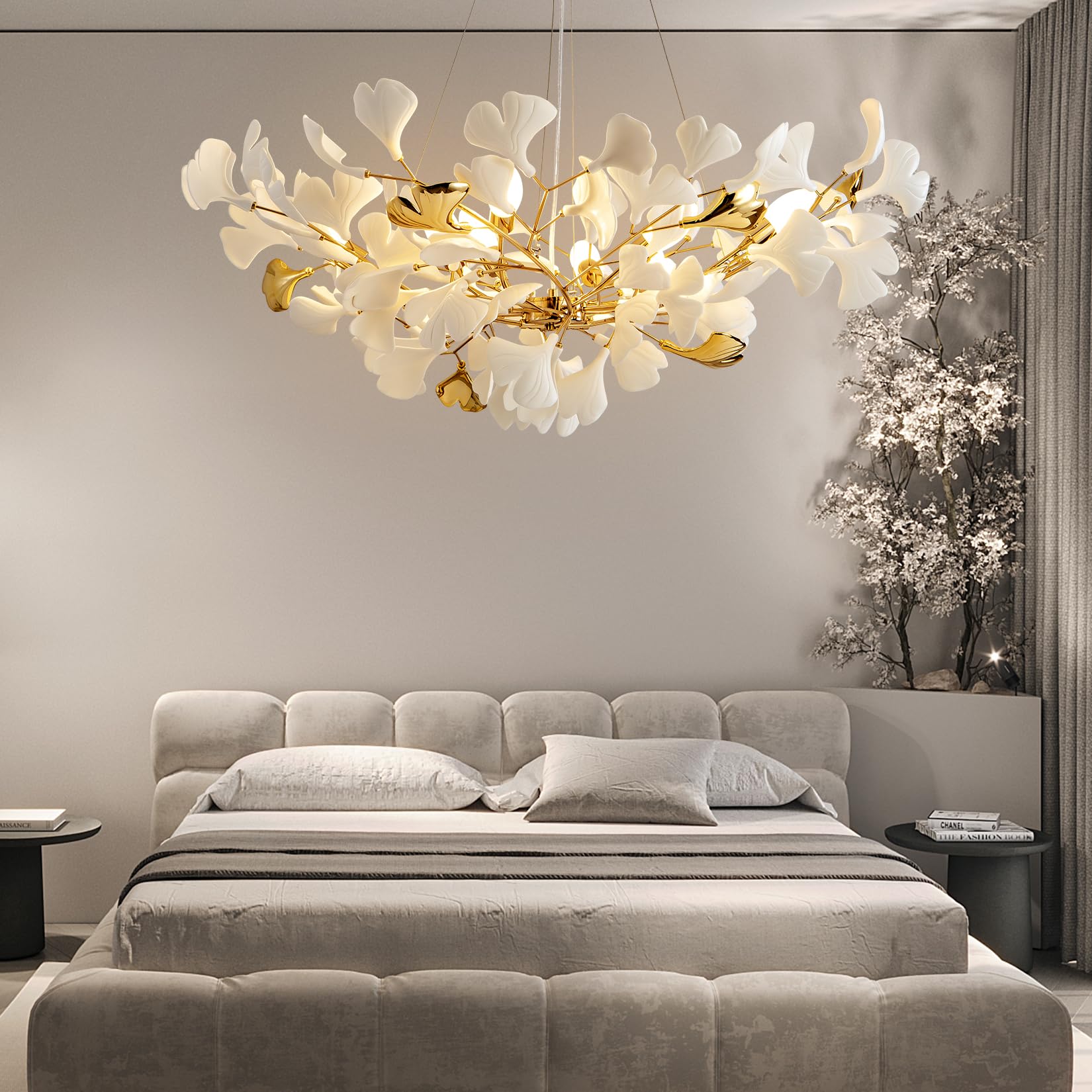 Tree Branch Chandelier Silver Ceramic Ginkgo Leaf Chandeliers 31.5 Inch Brass Chandelier Large Luxury Hanging Lights Fixture for Living Room Dining Room Kitchen Island, 6 - Light - Camilalamps - B0DL9V925K