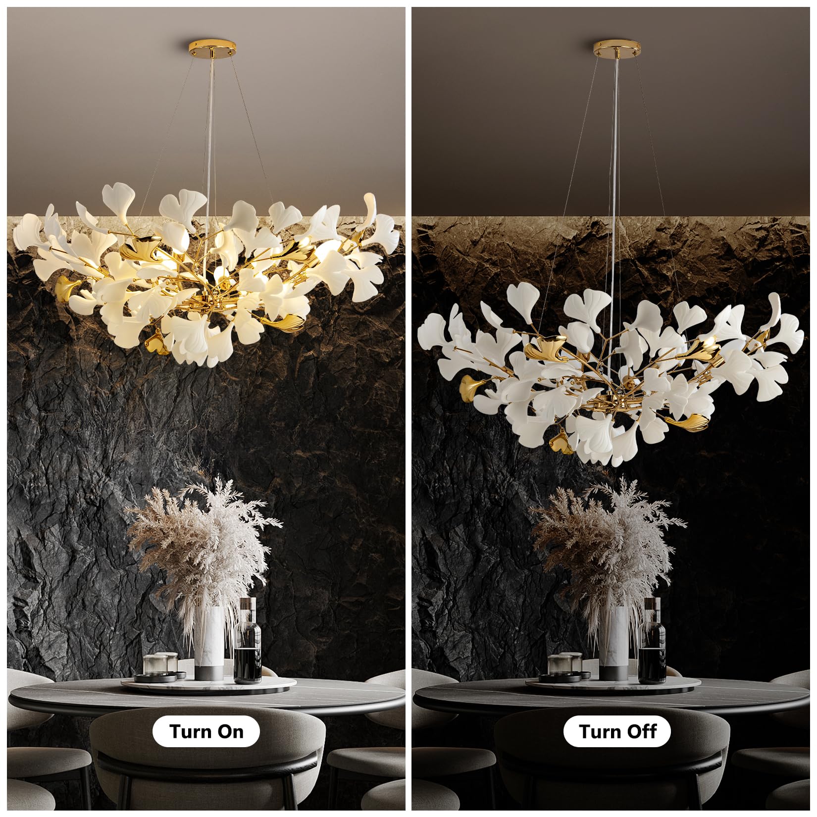 Tree Branch Chandelier Silver Ceramic Ginkgo Leaf Chandeliers 31.5 Inch Brass Chandelier Large Luxury Hanging Lights Fixture for Living Room Dining Room Kitchen Island, 6 - Light - Camilalamps - B0DL9V925K