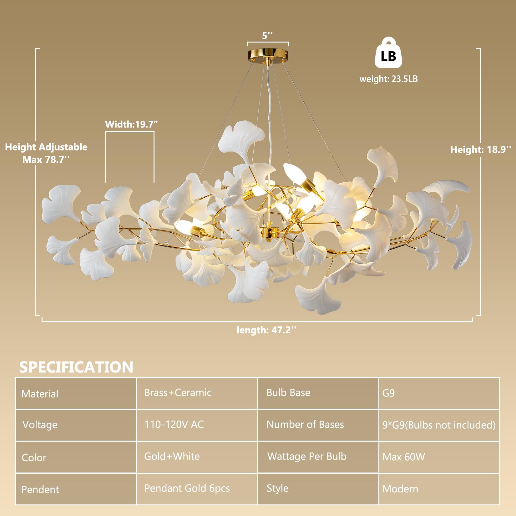 Tree Branch Chandelier Silver Ceramic Ginkgo Leaf Chandeliers 31.5 Inch Brass Chandelier Large Luxury Hanging Lights Fixture for Living Room Dining Room Kitchen Island, 6 - Light - Camilalamps - B0DL9V925K