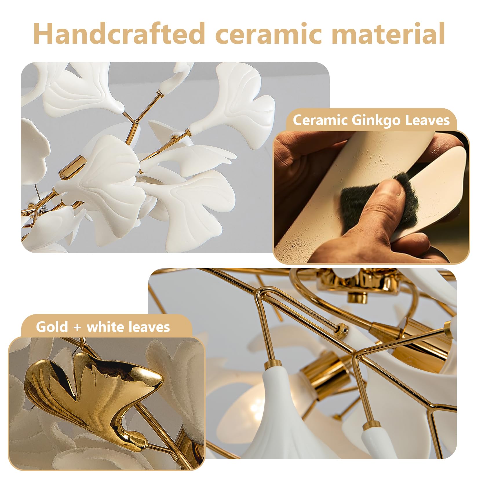 Tree Branch Chandelier Silver Ceramic Ginkgo Leaf Chandeliers 31.5 Inch Brass Chandelier Large Luxury Hanging Lights Fixture for Living Room Dining Room Kitchen Island, 6 - Light - Camilalamps - B0DL9V925K