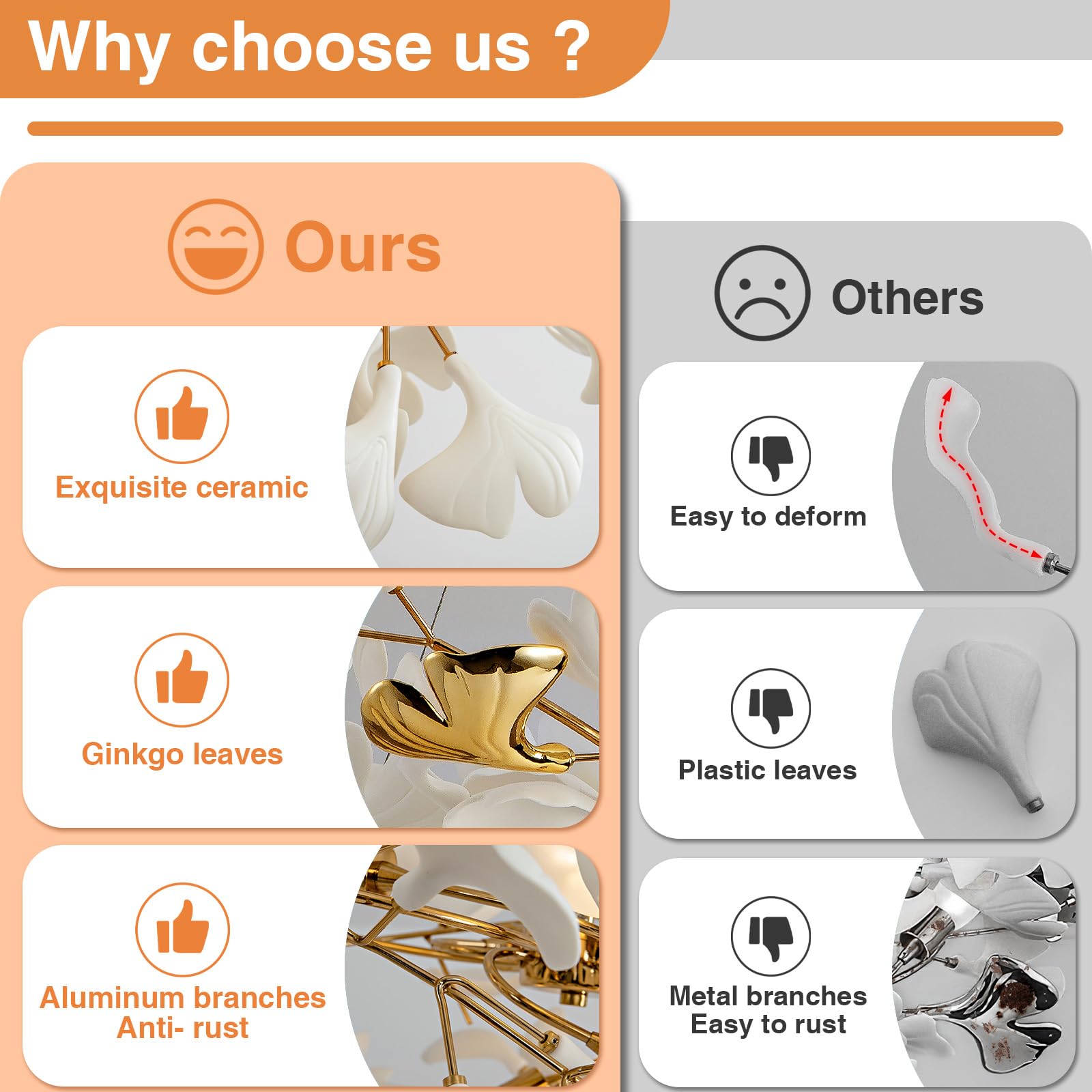 Tree Branch Chandelier Silver Ceramic Ginkgo Leaf Chandeliers 31.5 Inch Brass Chandelier Large Luxury Hanging Lights Fixture for Living Room Dining Room Kitchen Island, 6 - Light - Camilalamps - B0DL9V925K