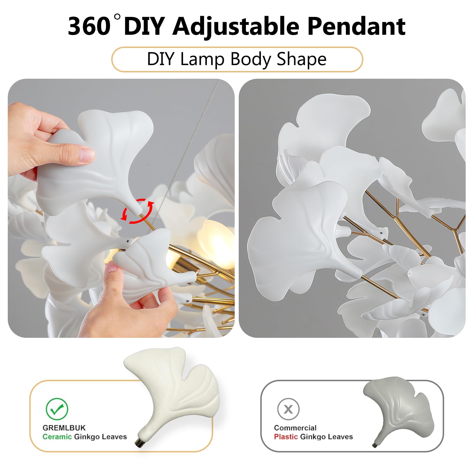 Tree Branch Chandelier Silver Ceramic Ginkgo Leaf Chandeliers 31.5 Inch Brass Chandelier Large Luxury Hanging Lights Fixture for Living Room Dining Room Kitchen Island, 6 - Light - Camilalamps - B0DL9V925K