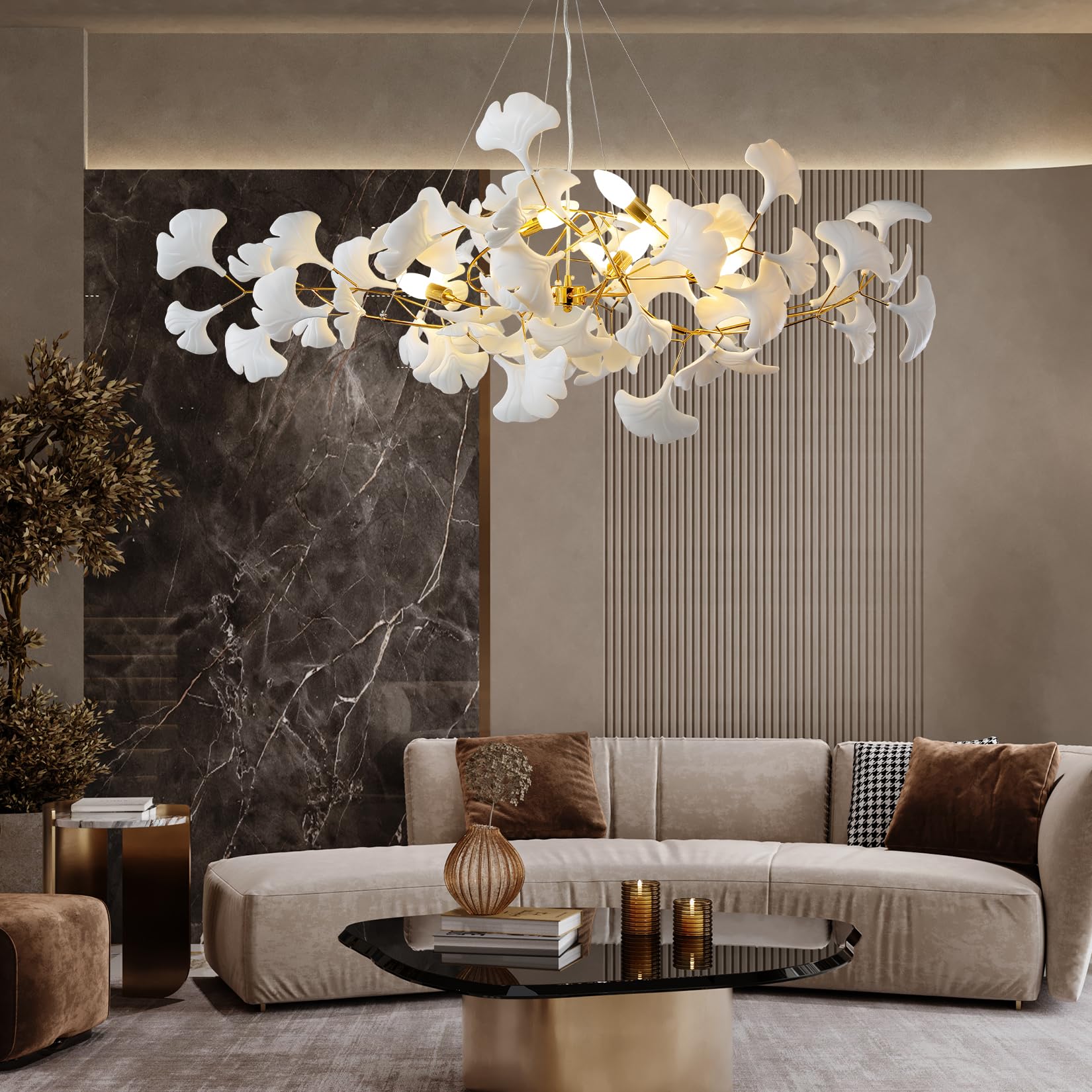 Tree Branch Chandelier Silver Ceramic Ginkgo Leaf Chandeliers 31.5 Inch Brass Chandelier Large Luxury Hanging Lights Fixture for Living Room Dining Room Kitchen Island, 6 - Light - Camilalamps - B0DL9V925K