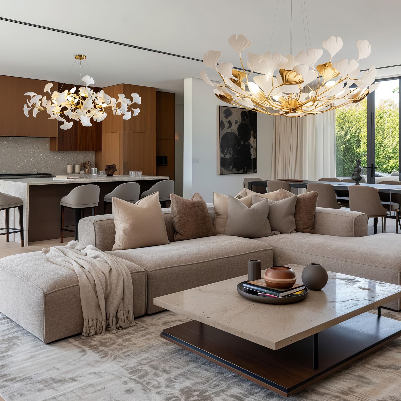 Tree Branch Chandelier Silver Ceramic Ginkgo Leaf Chandeliers 31.5 Inch Brass Chandelier Large Luxury Hanging Lights Fixture for Living Room Dining Room Kitchen Island, 6 - Light - Camilalamps - B0DL9V925K