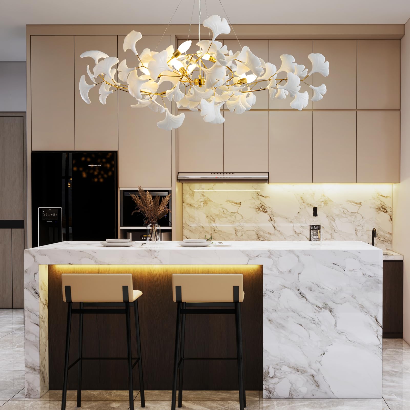Tree Branch Chandelier Silver Ceramic Ginkgo Leaf Chandeliers 31.5 Inch Brass Chandelier Large Luxury Hanging Lights Fixture for Living Room Dining Room Kitchen Island, 6 - Light - Camilalamps - B0DL9V925K
