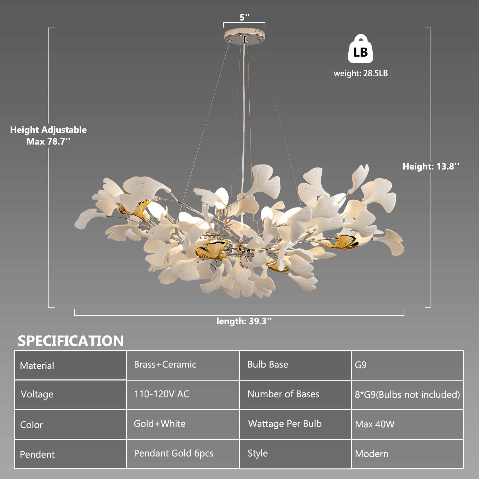 Tree Branch Chandelier Silver Ceramic Ginkgo Leaf Chandeliers 31.5 Inch Brass Chandelier Large Luxury Hanging Lights Fixture for Living Room Dining Room Kitchen Island, 6 - Light - Camilalamps - B0DL9V925K