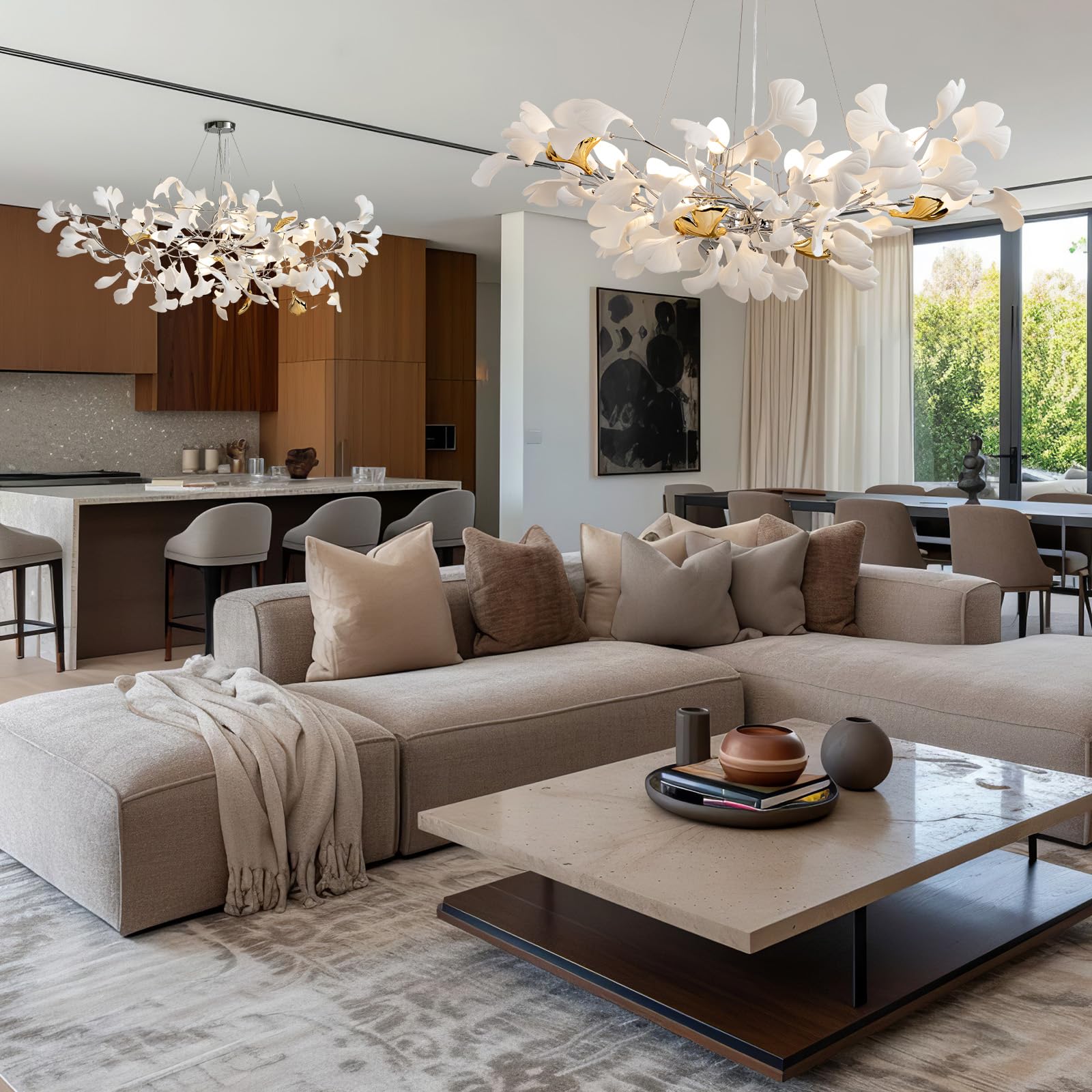 Tree Branch Chandelier Silver Ceramic Ginkgo Leaf Chandeliers 31.5 Inch Brass Chandelier Large Luxury Hanging Lights Fixture for Living Room Dining Room Kitchen Island, 6 - Light - Camilalamps - B0DL9V925K