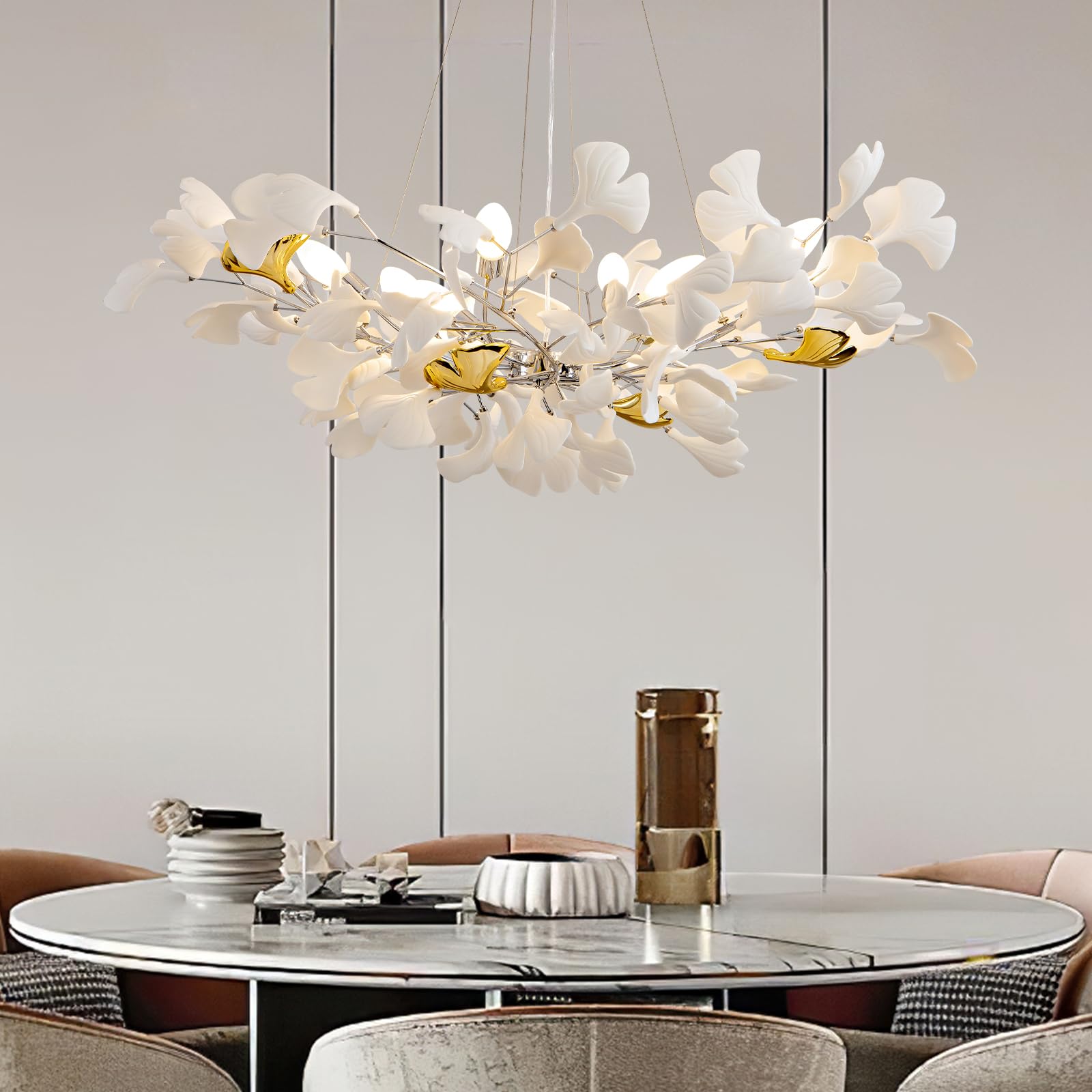 Tree Branch Chandelier Silver Ceramic Ginkgo Leaf Chandeliers 31.5 Inch Brass Chandelier Large Luxury Hanging Lights Fixture for Living Room Dining Room Kitchen Island, 6 - Light - Camilalamps - B0DKTCCVN5