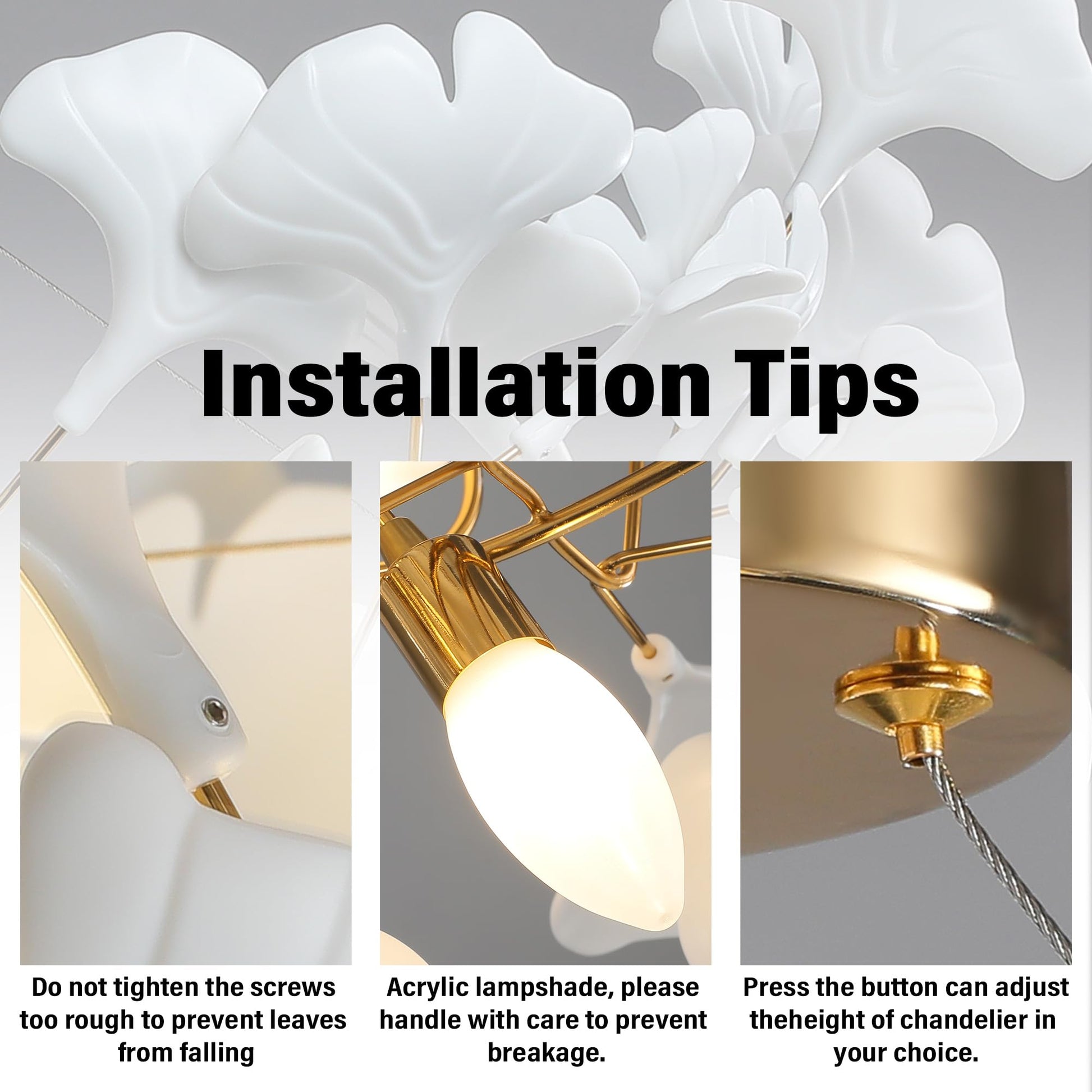 Tree Branch Chandelier White Ceramic Ginkgo Leaf Chandeliers, 6 - Light L47.2 in Rectangle Height Adjustable Chandelier for Dining Room Lighting Fixtures Hanging, Living Room, Bedroom, Gold - Camilalamps - B0FC6L5HCY