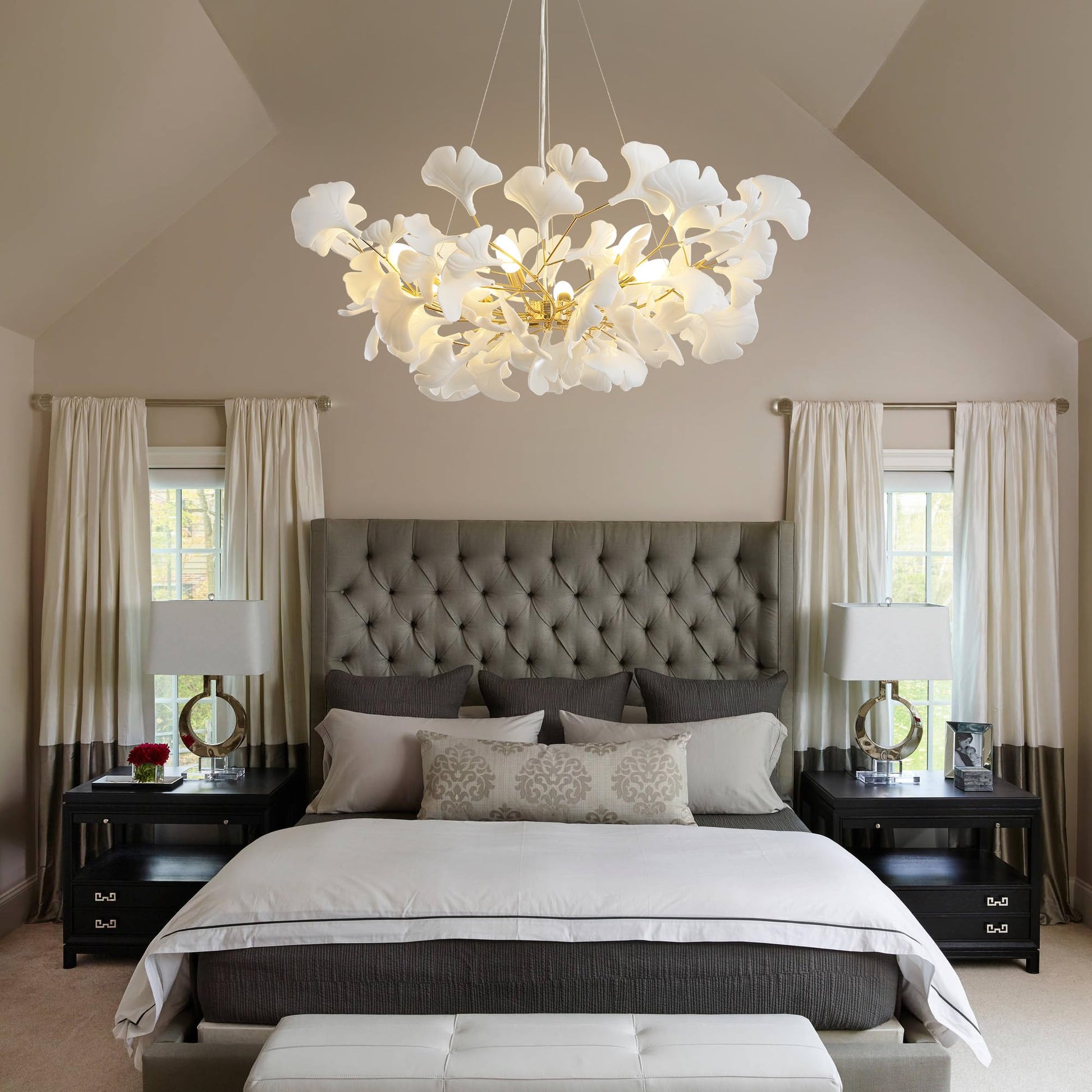 Tree Branch Chandelier White Ceramic Ginkgo Leaf Chandeliers, 6 - Light L47.2 in Rectangle Height Adjustable Chandelier for Dining Room Lighting Fixtures Hanging, Living Room, Bedroom, Gold - Camilalamps - B0FC6L5HCY