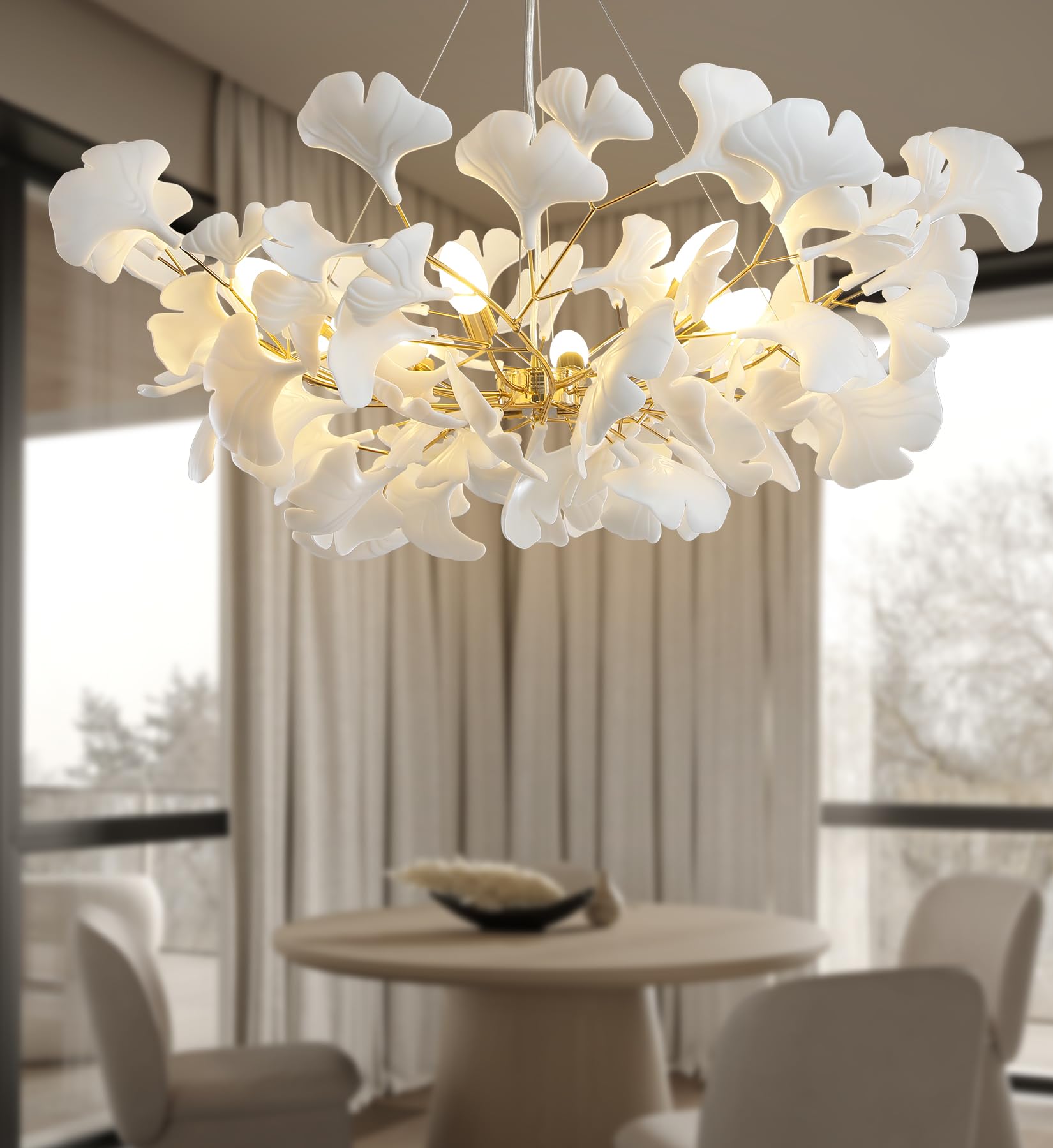 Tree Branch Chandelier White Ceramic Ginkgo Leaf Chandeliers, 6 - Light L47.2 in Rectangle Height Adjustable Chandelier for Dining Room Lighting Fixtures Hanging, Living Room, Bedroom, Gold - Camilalamps - B0FC6L5HCY