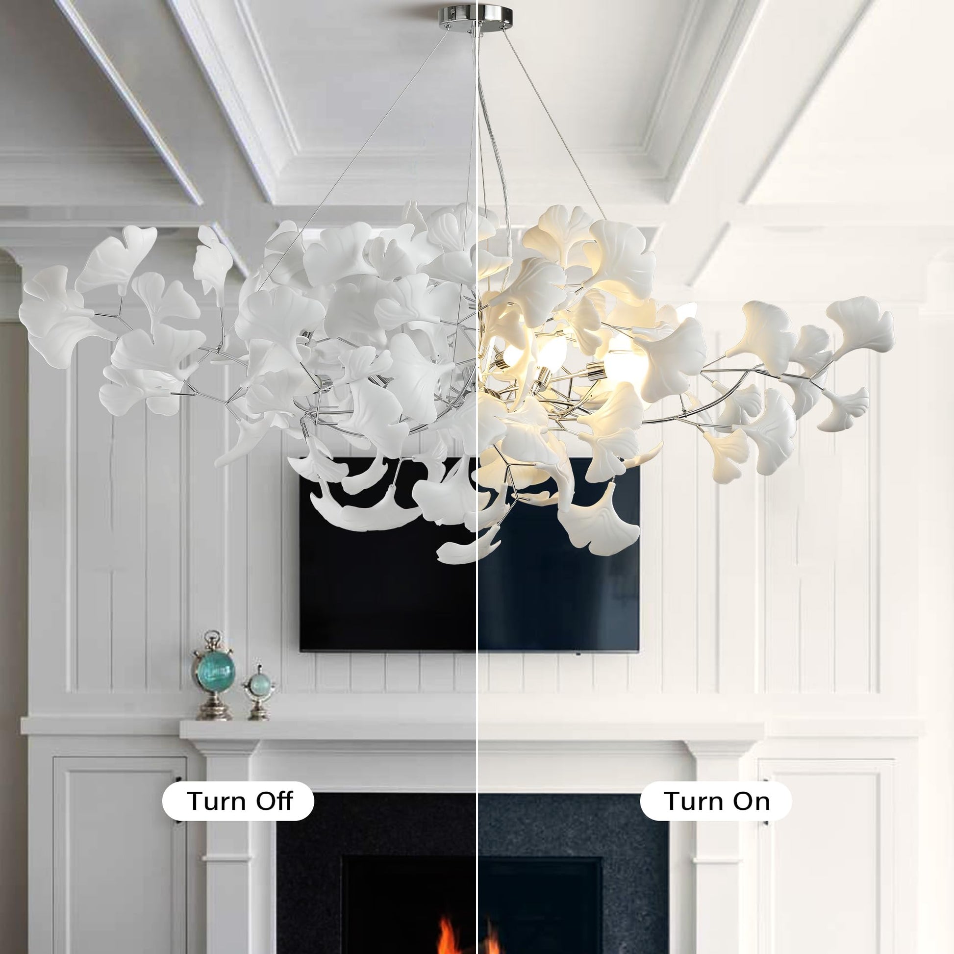 Tree Branch Chandelier White Ceramic Ginkgo Leaf Chandeliers, 6 - Light L47.2 in Rectangle Height Adjustable Chandelier for Dining Room Lighting Fixtures Hanging, Living Room, Bedroom, Gold - Camilalamps - B0FC6L5HCY