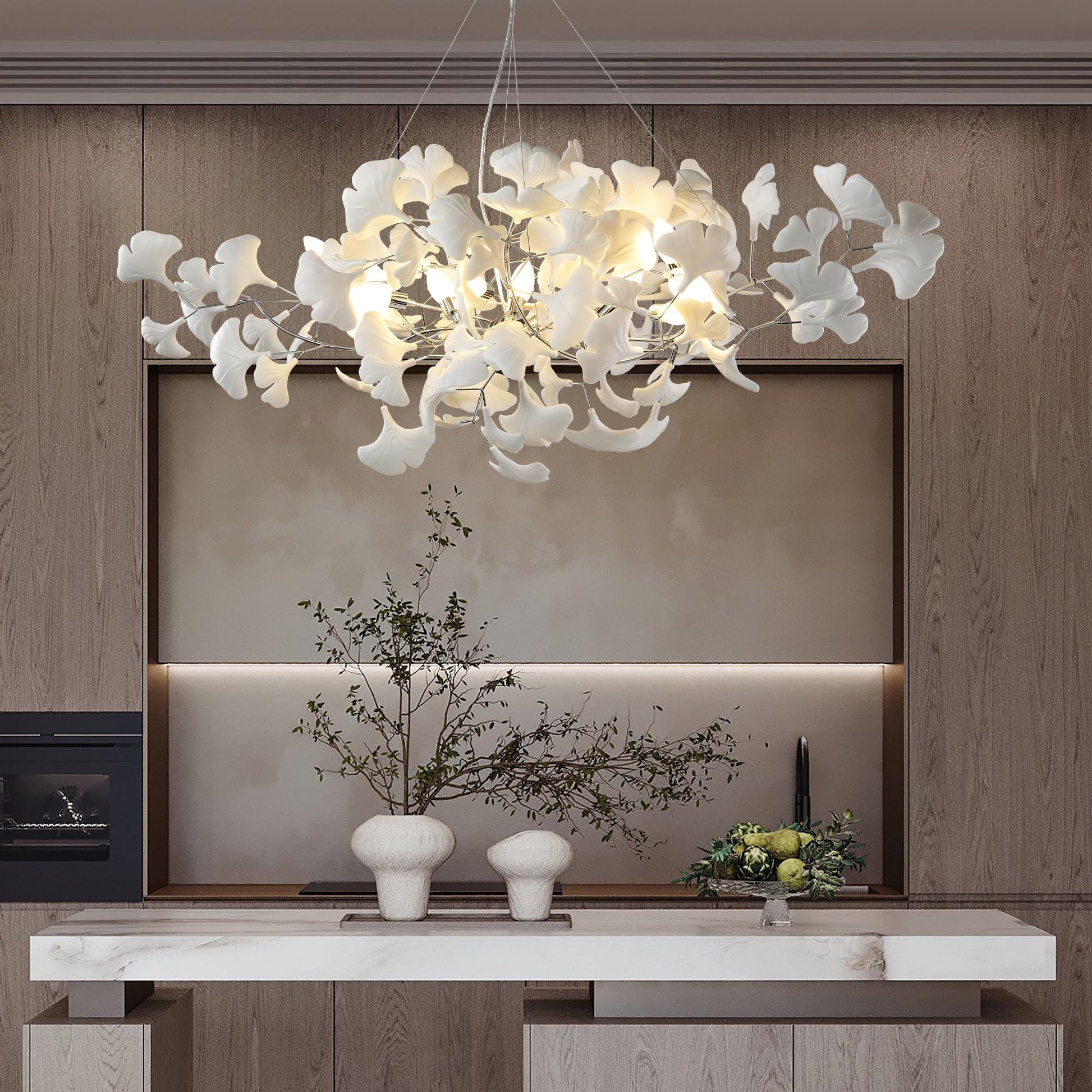 Tree Branch Chandelier White Ceramic Ginkgo Leaf Chandeliers, 6 - Light L47.2 in Rectangle Height Adjustable Chandelier for Dining Room Lighting Fixtures Hanging, Living Room, Bedroom, Gold - Camilalamps - B0FC6L5HCY