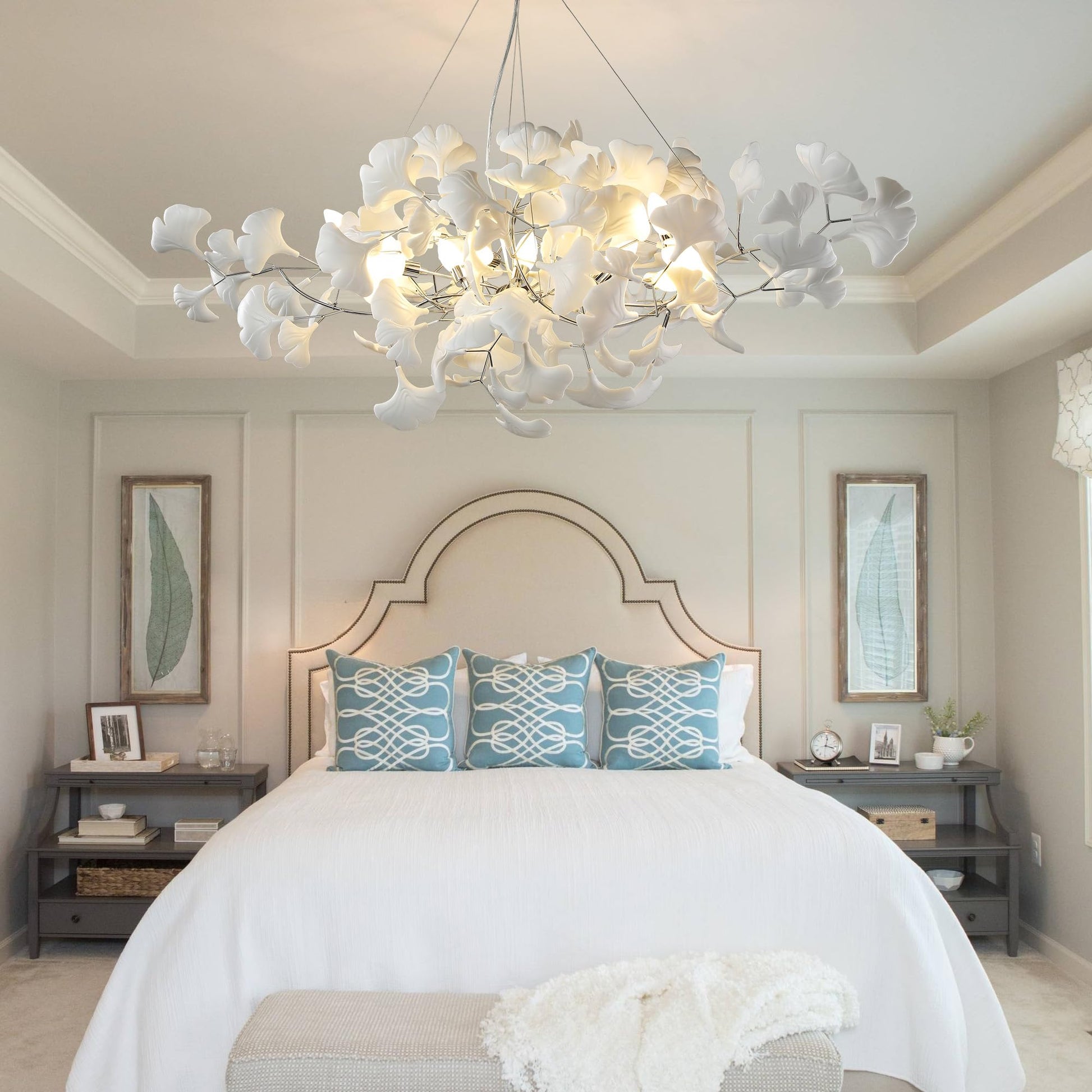 Tree Branch Chandelier White Ceramic Ginkgo Leaf Chandeliers, 6 - Light L47.2 in Rectangle Height Adjustable Chandelier for Dining Room Lighting Fixtures Hanging, Living Room, Bedroom, Gold - Camilalamps - B0FC6L5HCY