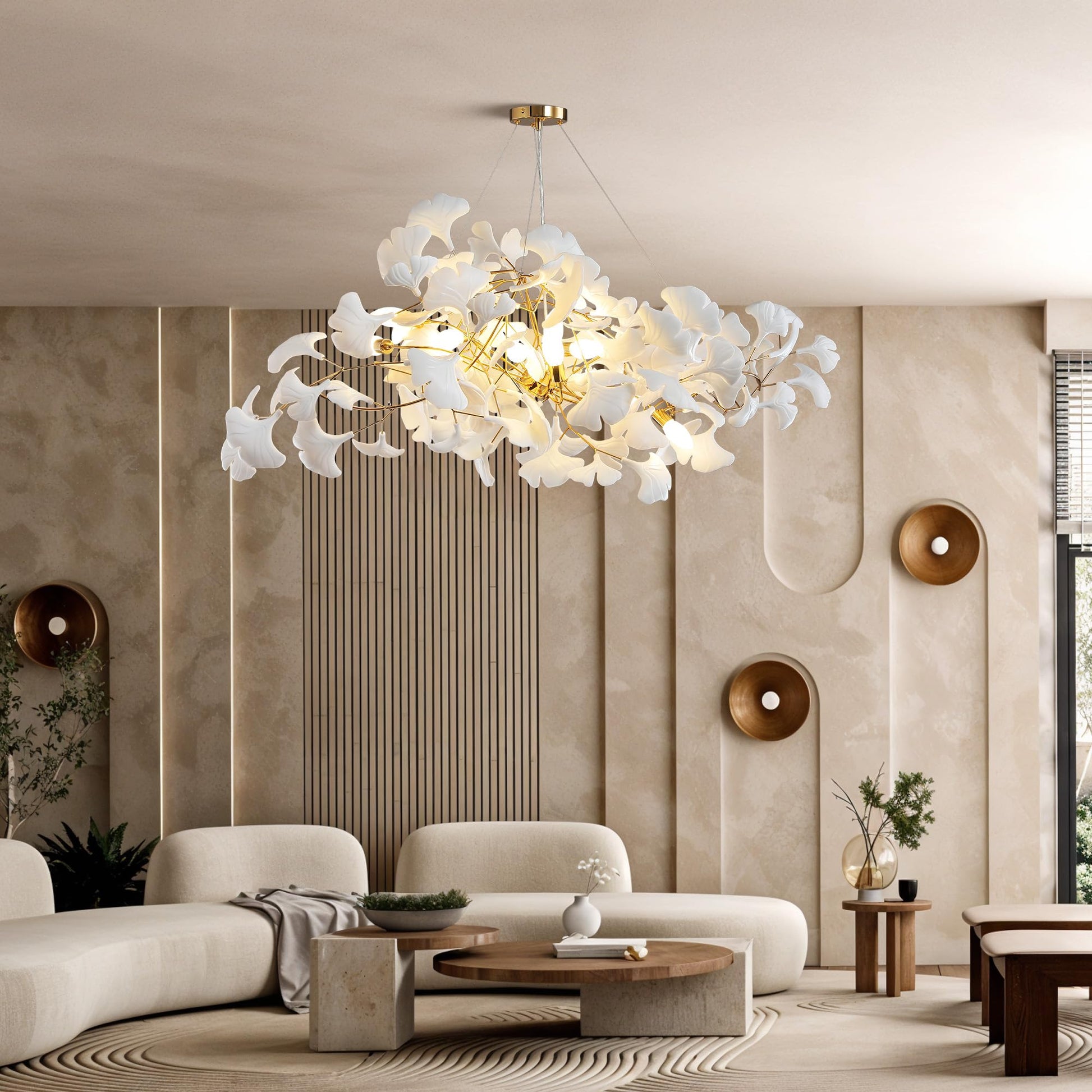 Tree Branch Chandelier White Ceramic Ginkgo Leaf Chandeliers, 6 - Light L47.2 in Rectangle Height Adjustable Chandelier for Dining Room Lighting Fixtures Hanging, Living Room, Bedroom, Gold - Camilalamps - B0FC6L5HCY