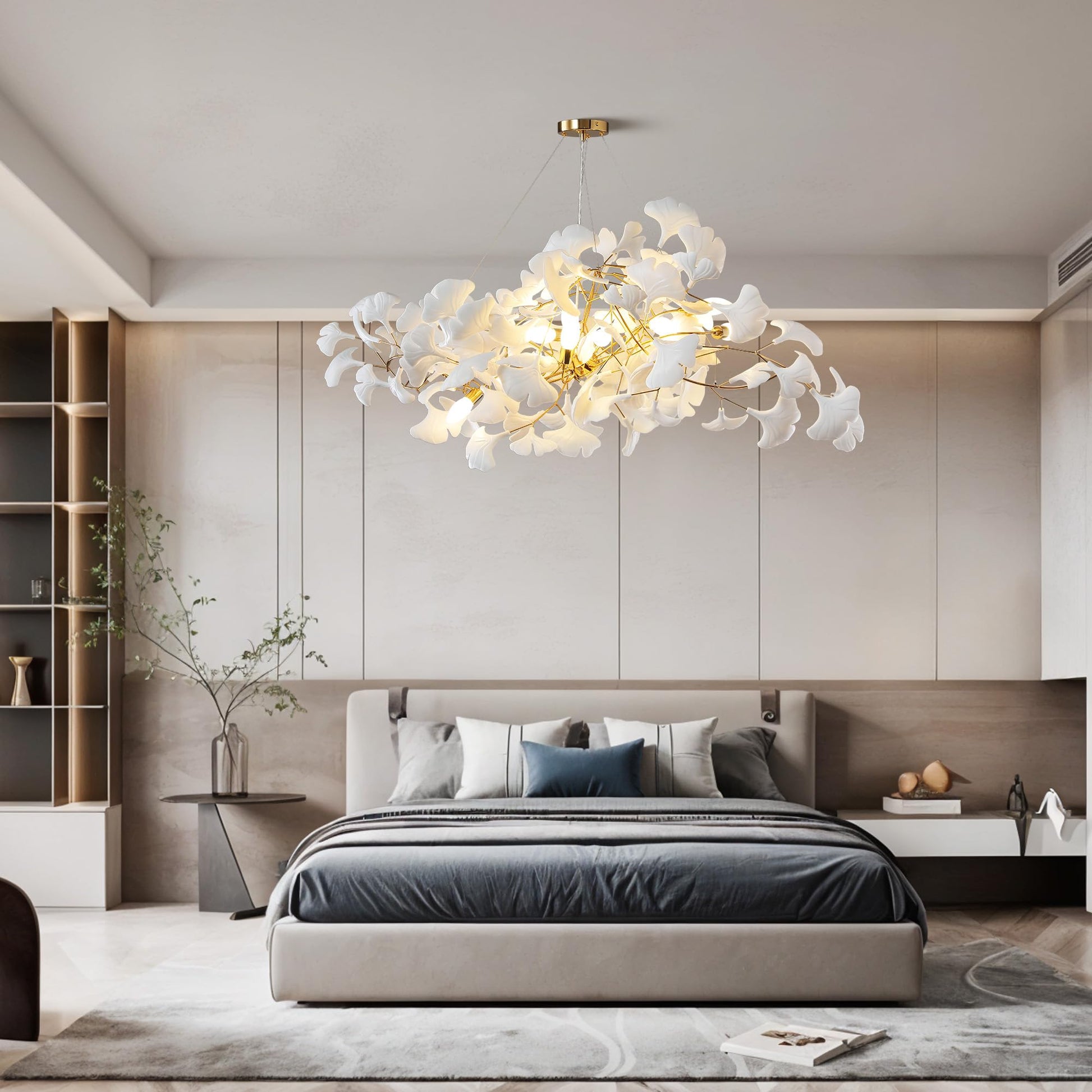 Tree Branch Chandelier White Ceramic Ginkgo Leaf Chandeliers, 6 - Light L47.2 in Rectangle Height Adjustable Chandelier for Dining Room Lighting Fixtures Hanging, Living Room, Bedroom, Gold - Camilalamps - B0FC6L5HCY