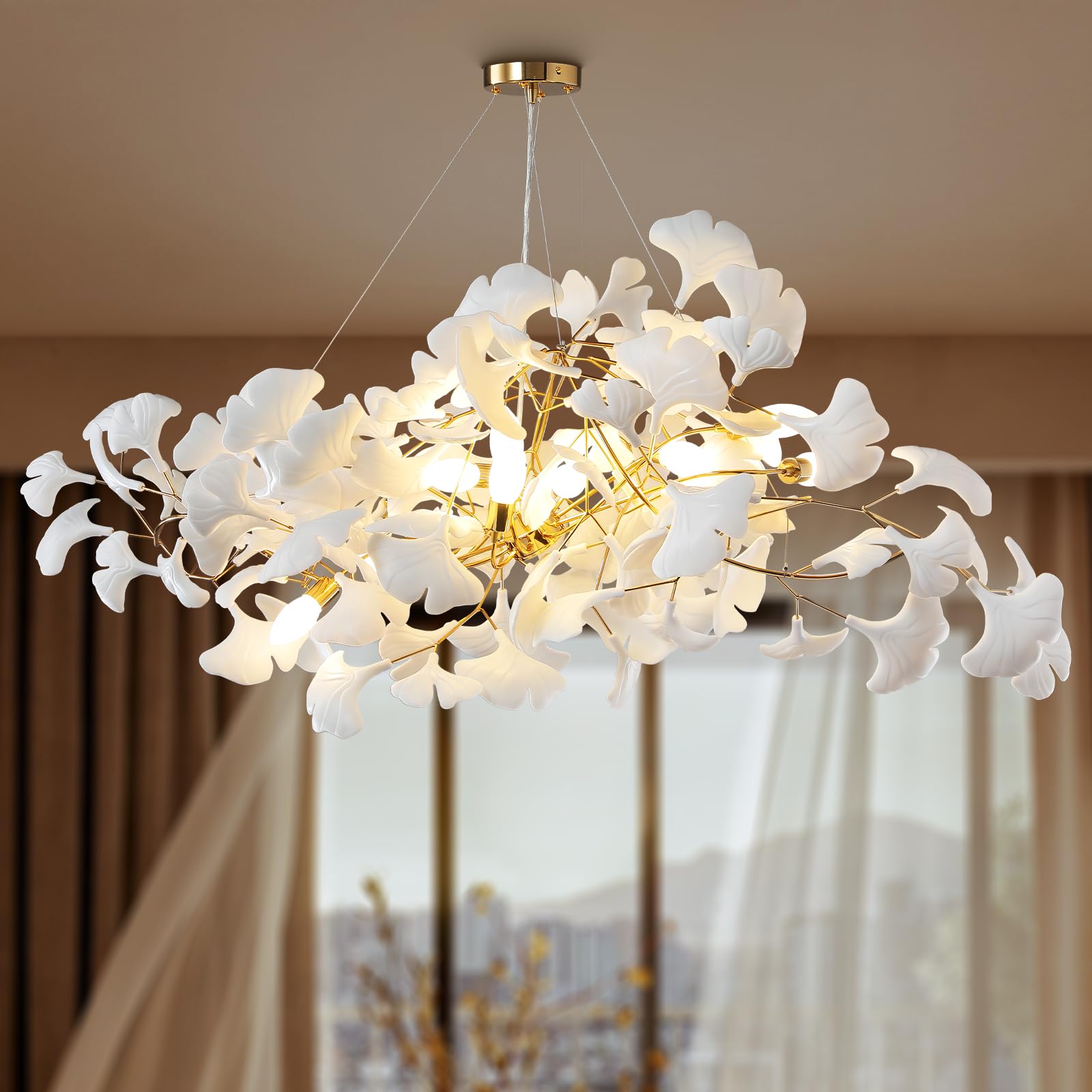Tree Branch Chandelier White Ceramic Ginkgo Leaf Chandeliers, 6 - Light L47.2 in Rectangle Height Adjustable Chandelier for Dining Room Lighting Fixtures Hanging, Living Room, Bedroom, Gold - Camilalamps - B0FC6NTT4R