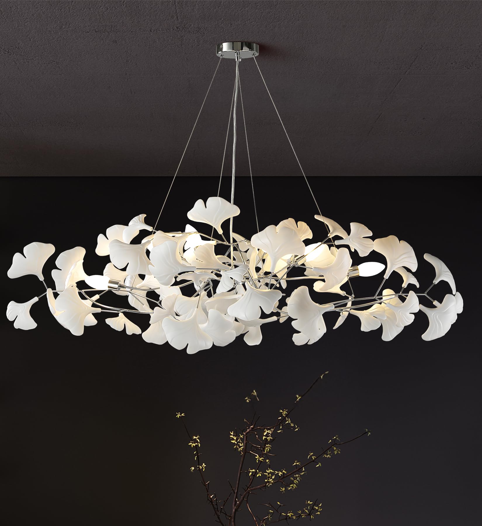 Tree Branch Chandelier White Ceramic Ginkgo Leaf Chandeliers, 6 - Light L47.2 in Rectangle Height Adjustable Chandelier for Dining Room Lighting Fixtures Hanging, Living Room, Bedroom, Gold - Camilalamps - B0FC6L5HCY