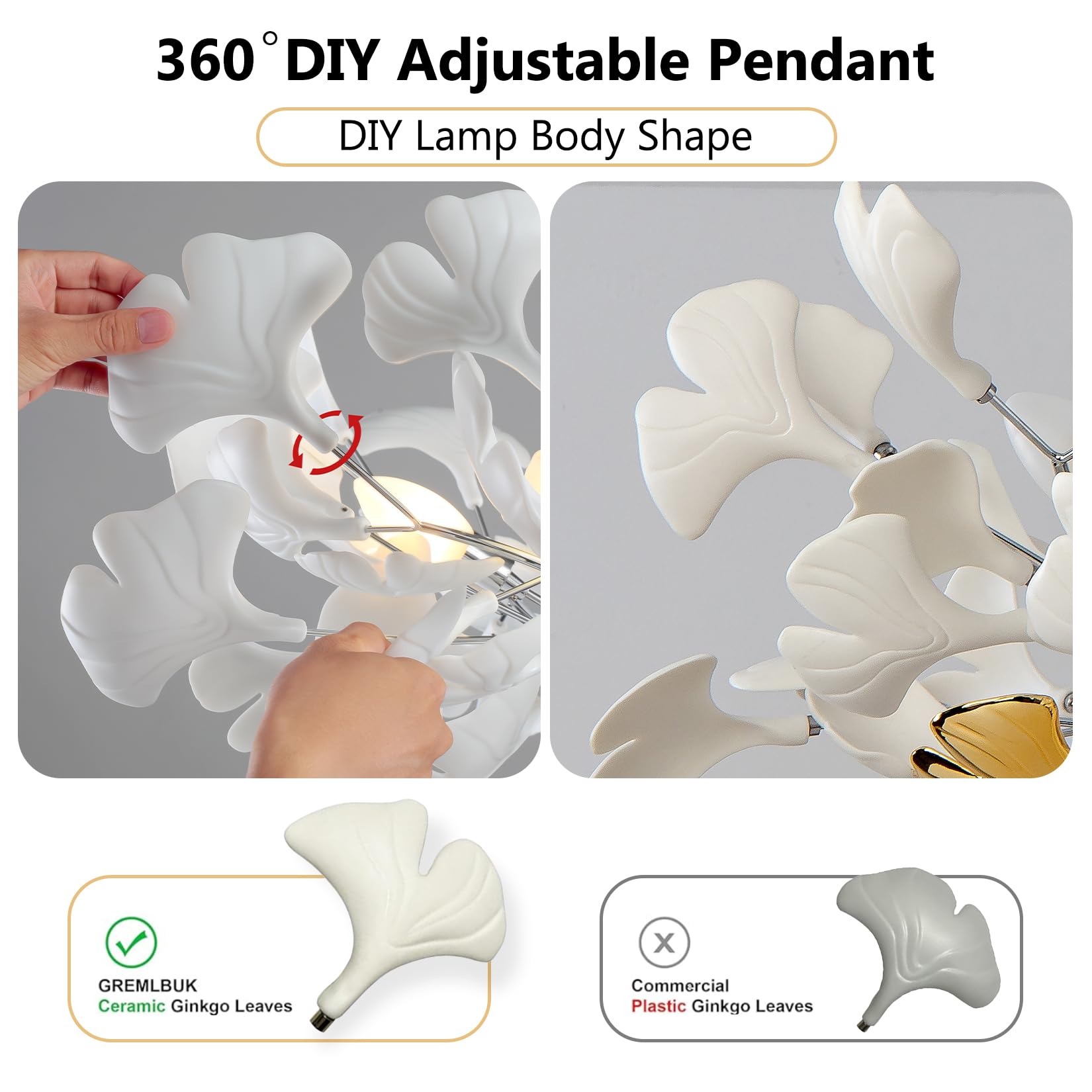 Tree Branch Chandelier White Ceramic Ginkgo Leaf Chandeliers, 6 - Light L47.2 in Rectangle Height Adjustable Chandelier for Dining Room Lighting Fixtures Hanging, Living Room, Bedroom, Gold - Camilalamps - B0FC6L5HCY