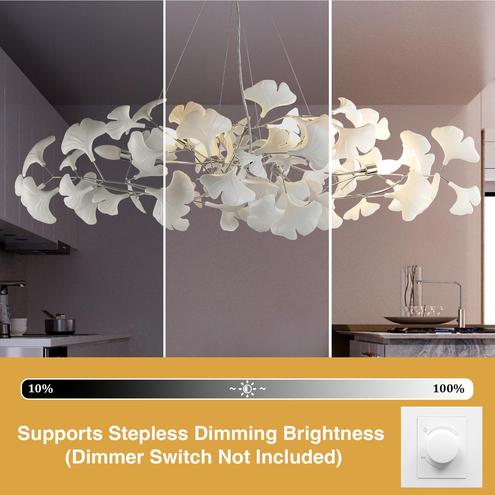 Tree Branch Chandelier White Ceramic Ginkgo Leaf Chandeliers, 6 - Light L47.2 in Rectangle Height Adjustable Chandelier for Dining Room Lighting Fixtures Hanging, Living Room, Bedroom, Gold - Camilalamps - B0FC6L5HCY