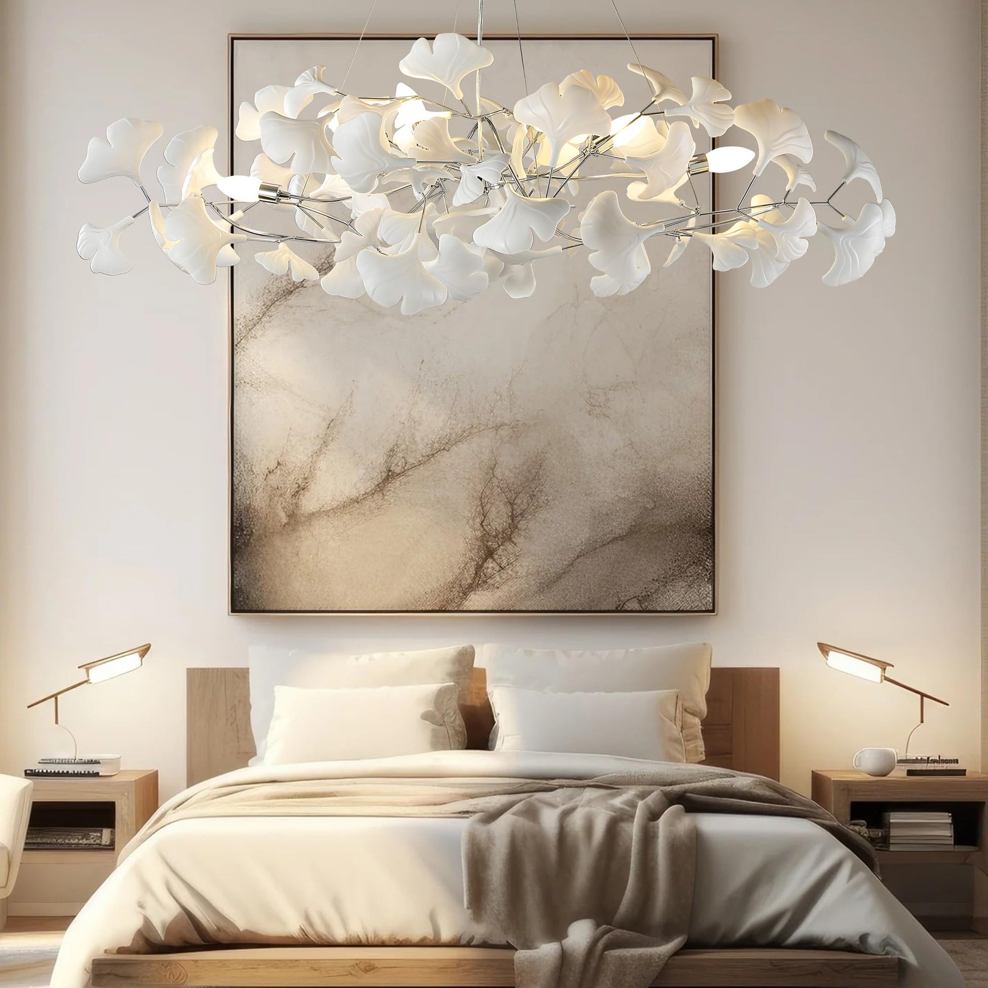 Tree Branch Chandelier White Ceramic Ginkgo Leaf Chandeliers, 6 - Light L47.2 in Rectangle Height Adjustable Chandelier for Dining Room Lighting Fixtures Hanging, Living Room, Bedroom, Gold - Camilalamps - B0FC6L5HCY