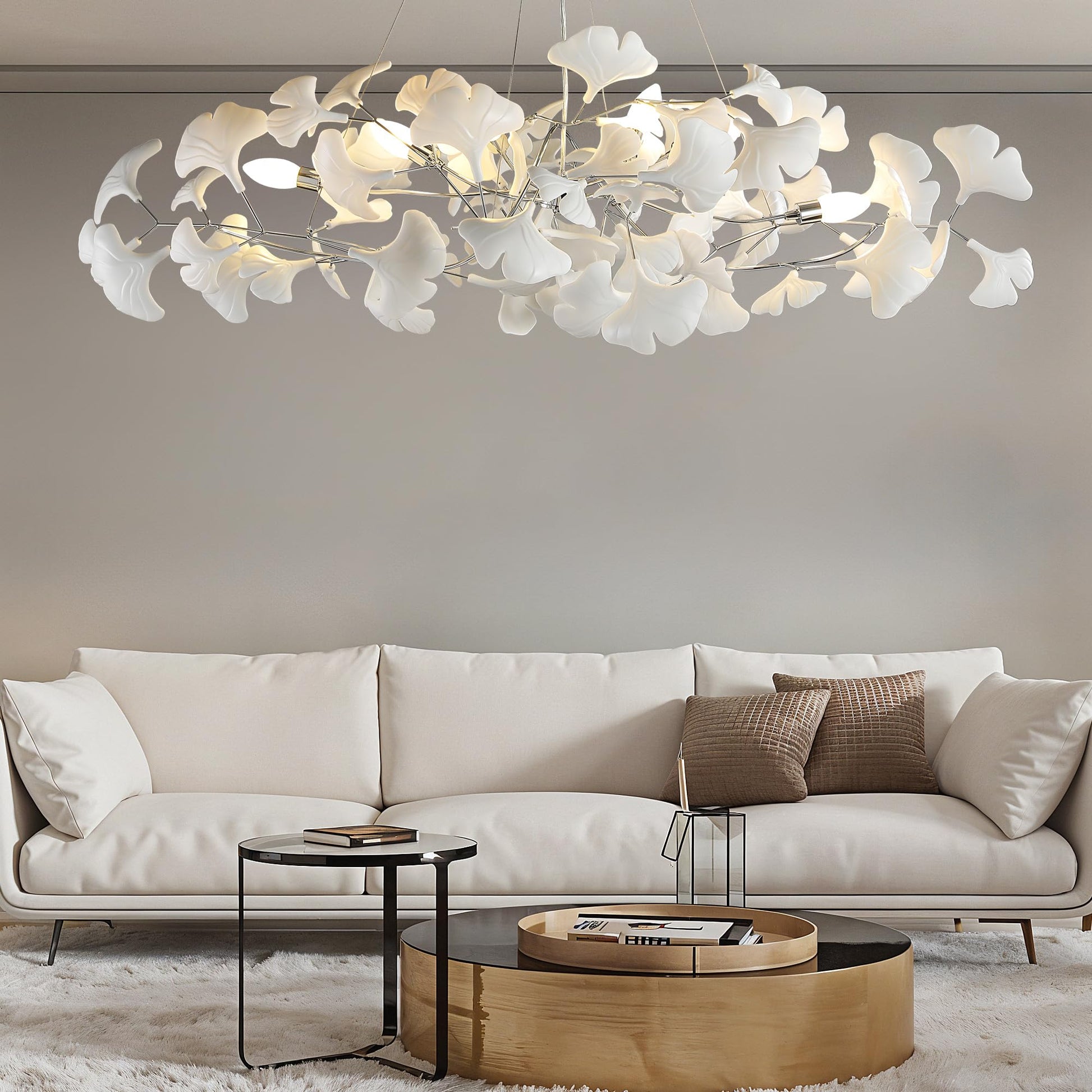 Tree Branch Chandelier White Ceramic Ginkgo Leaf Chandeliers, 6 - Light L47.2 in Rectangle Height Adjustable Chandelier for Dining Room Lighting Fixtures Hanging, Living Room, Bedroom, Gold - Camilalamps - B0FC6L5HCY