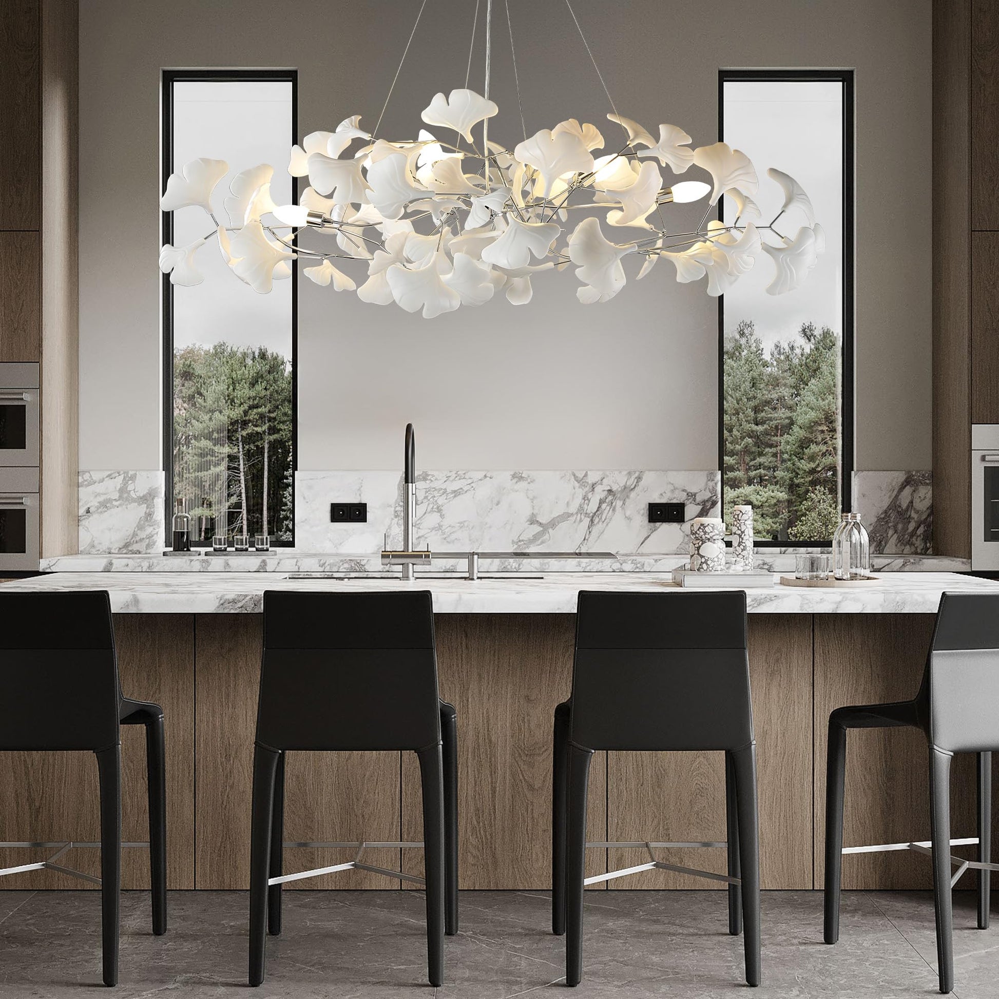 Tree Branch Chandelier White Ceramic Ginkgo Leaf Chandeliers, 6 - Light L47.2 in Rectangle Height Adjustable Chandelier for Dining Room Lighting Fixtures Hanging, Living Room, Bedroom, Gold - Camilalamps - B0FC6L5HCY
