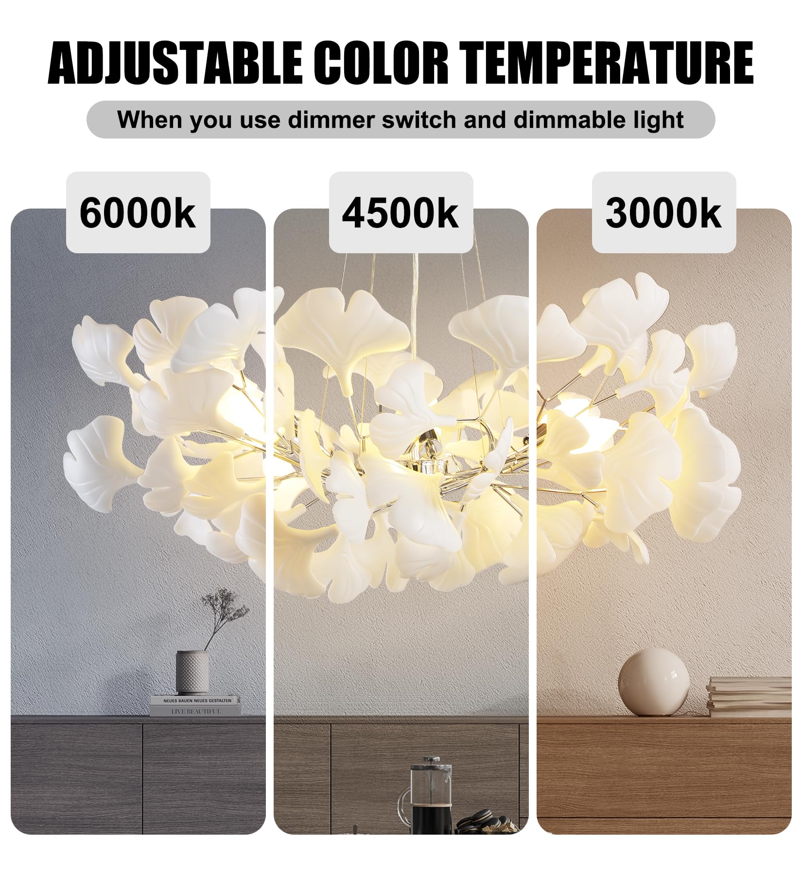 Tree Branch Chandelier White Ceramic Ginkgo Leaf Chandeliers, 6 - Light L47.2 in Rectangle Height Adjustable Chandelier for Dining Room Lighting Fixtures Hanging, Living Room, Bedroom, Gold - Camilalamps - B0FC6L5HCY