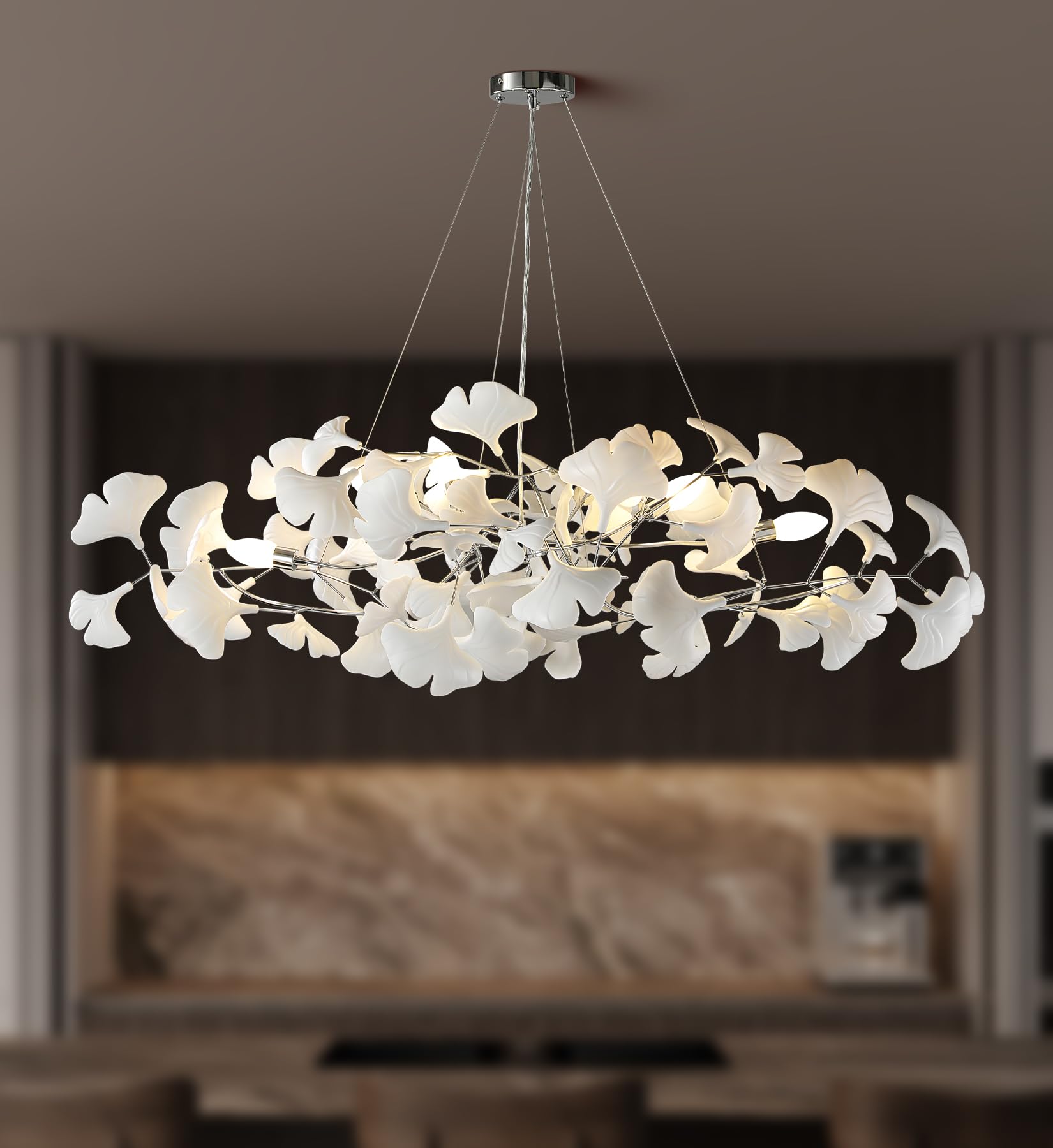 Tree Branch Chandelier White Ceramic Ginkgo Leaf Chandeliers, 6 - Light L47.2 in Rectangle Height Adjustable Chandelier for Dining Room Lighting Fixtures Hanging, Living Room, Bedroom, Gold - Camilalamps - B0FC6P78PC