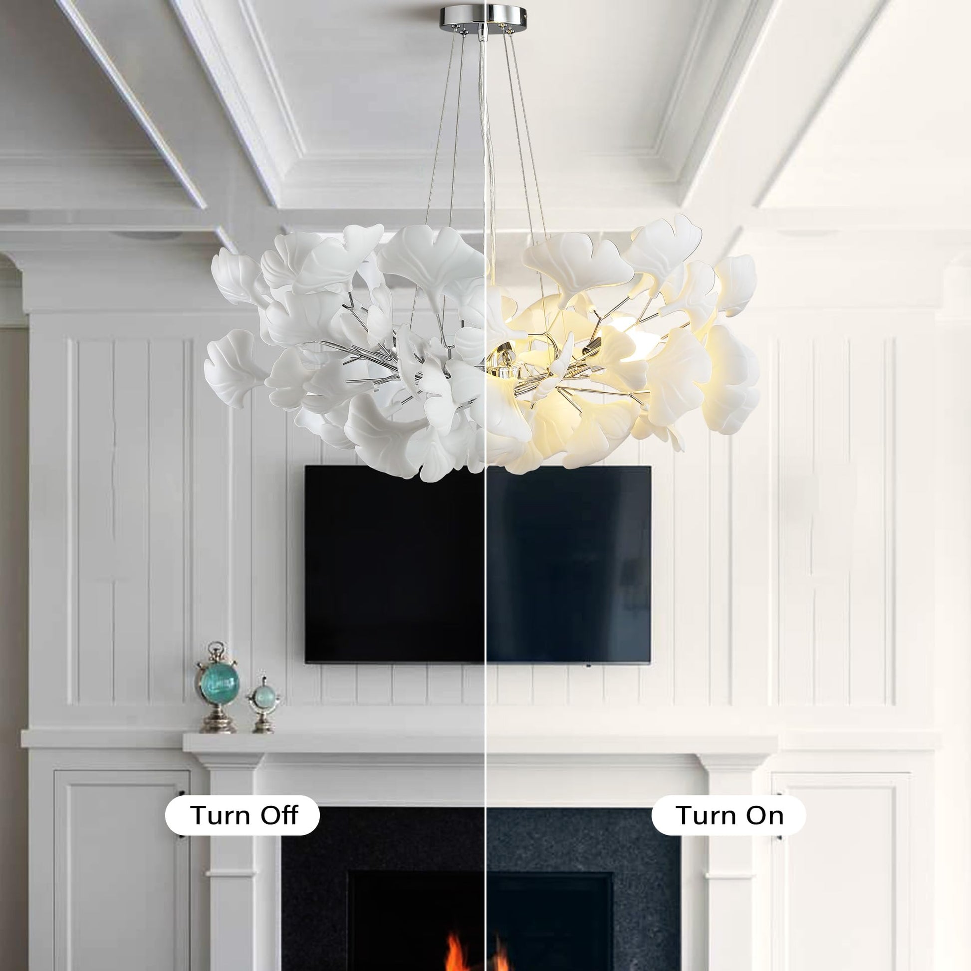 Tree Branch Chandelier White Ceramic Ginkgo Leaf Chandeliers, 6 - Light L47.2 in Rectangle Height Adjustable Chandelier for Dining Room Lighting Fixtures Hanging, Living Room, Bedroom, Gold - Camilalamps - B0FC6L5HCY