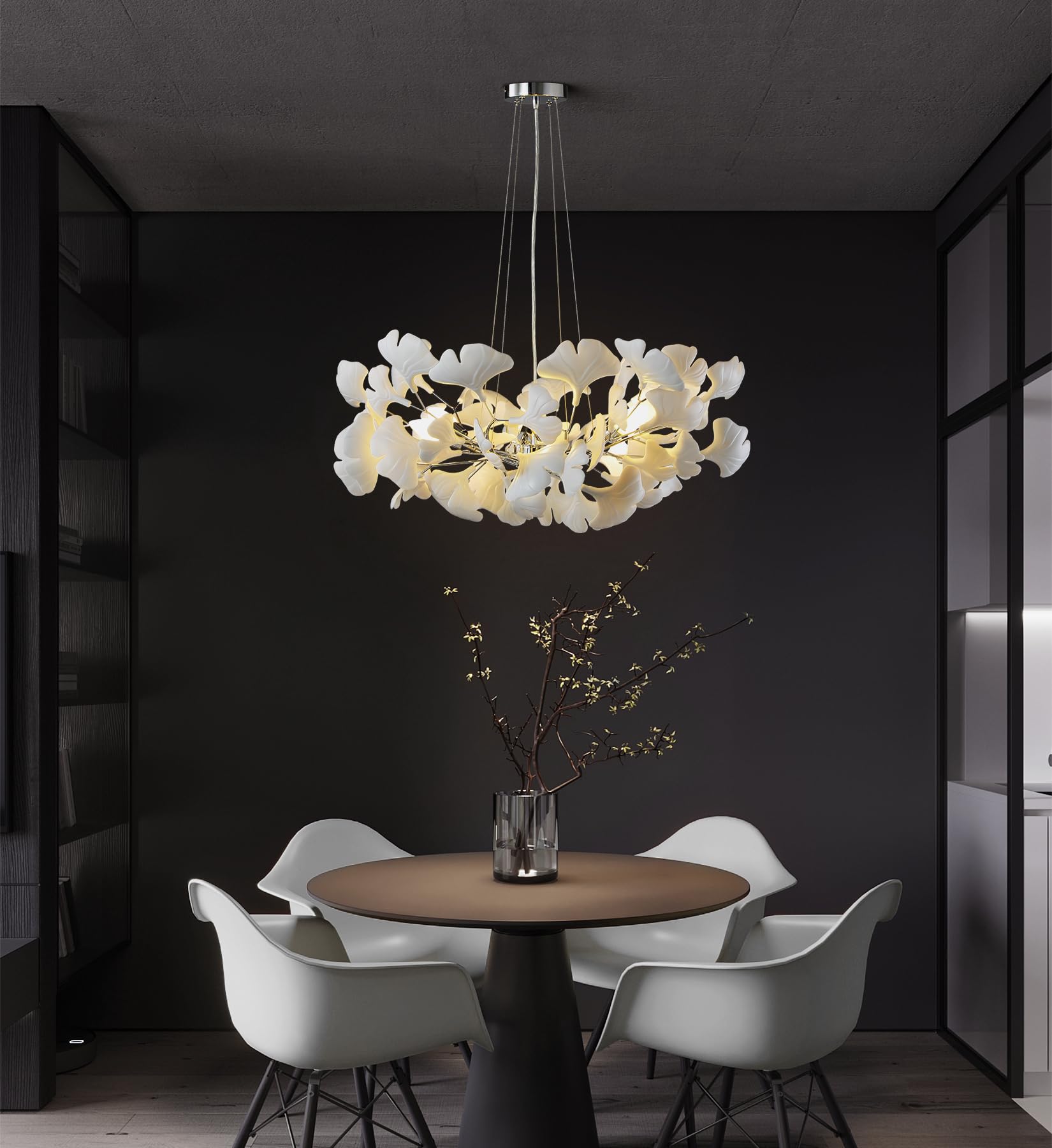 Tree Branch Chandelier White Ceramic Ginkgo Leaf Chandeliers, 6 - Light L47.2 in Rectangle Height Adjustable Chandelier for Dining Room Lighting Fixtures Hanging, Living Room, Bedroom, Gold - Camilalamps - B0FC6L5HCY