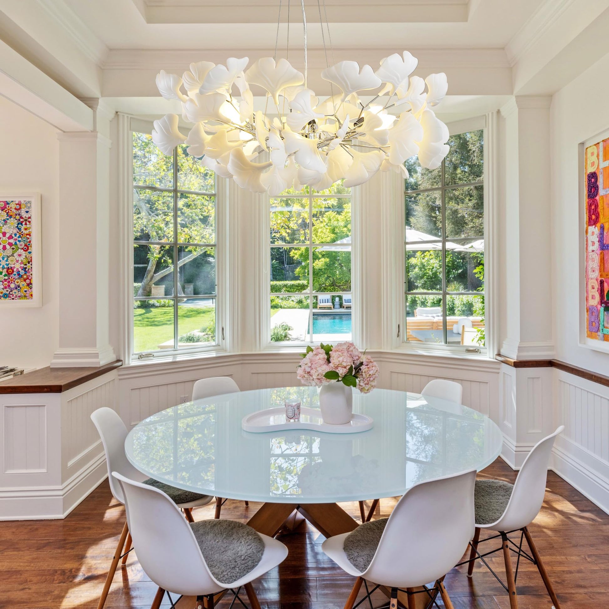 Tree Branch Chandelier White Ceramic Ginkgo Leaf Chandeliers, 6 - Light L47.2 in Rectangle Height Adjustable Chandelier for Dining Room Lighting Fixtures Hanging, Living Room, Bedroom, Gold - Camilalamps - B0FC6L5HCY