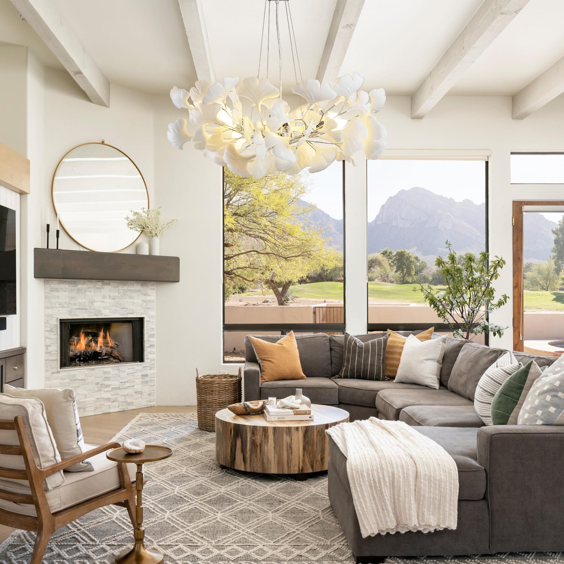 Tree Branch Chandelier White Ceramic Ginkgo Leaf Chandeliers, 6 - Light L47.2 in Rectangle Height Adjustable Chandelier for Dining Room Lighting Fixtures Hanging, Living Room, Bedroom, Gold - Camilalamps - B0FC6L5HCY